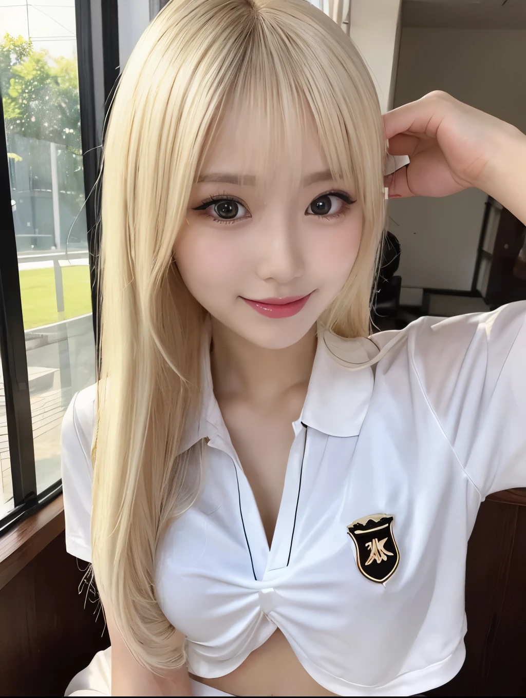 ( Masterpiece, highest quality), 98k, ((Perfect Anatomy:1.3)),Beautiful Japanese Women, Succubus,alone, 18-year-old, Small face,Cute face:1.2,Smiling, Larger breasts, ,Beautifully detailed round eyes, Evenly spaced eyes 1.2, Long platinum blonde hair,Random Hair, (Highly detailed face and skin texture), Beautiful face in golden proportions,White skin,Accentuate your beautiful legs,(Revealing student uniforms:1.2),Random sexy poses, Sunny day,(Standing like a model:1.3)