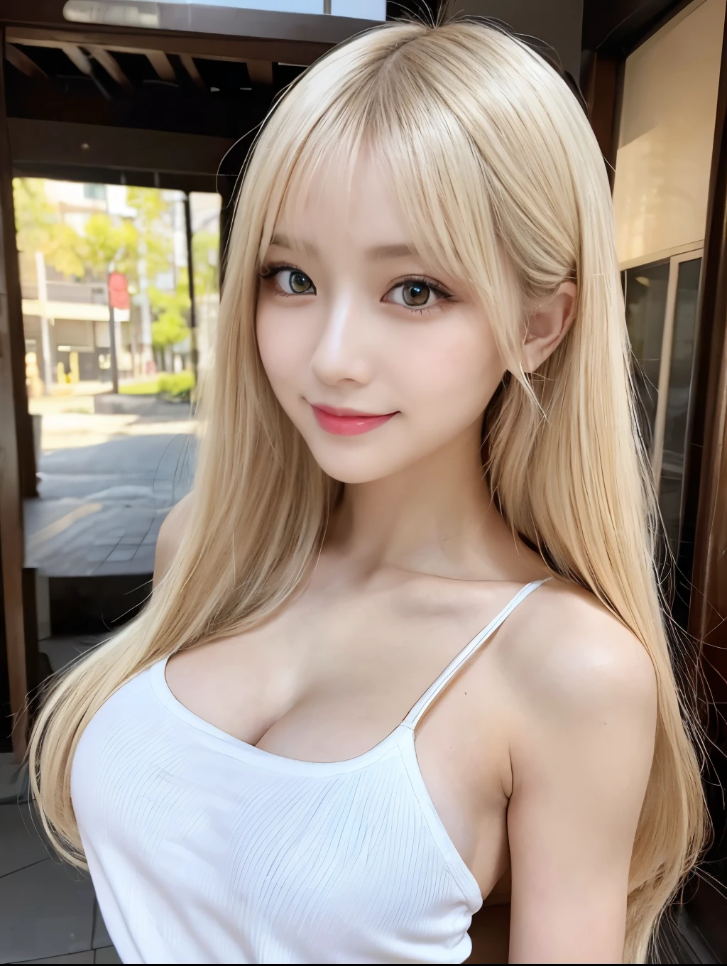 ( Masterpiece, highest quality), 98k, ((Perfect Anatomy:1.3)),Beautiful Japanese Women, Succubus,alone, 18-year-old, Small face,Cute face:1.2,Smiling, Larger breasts, ,Beautifully detailed round eyes, Evenly spaced eyes 1.2, Long platinum blonde hair,Random Hair, (Highly detailed face and skin texture), Beautiful face in golden proportions,White skin,Accentuate your beautiful legs,(Revealing student uniforms:1.2),Random sexy poses, Sunny day,(Standing like a model:1.3)