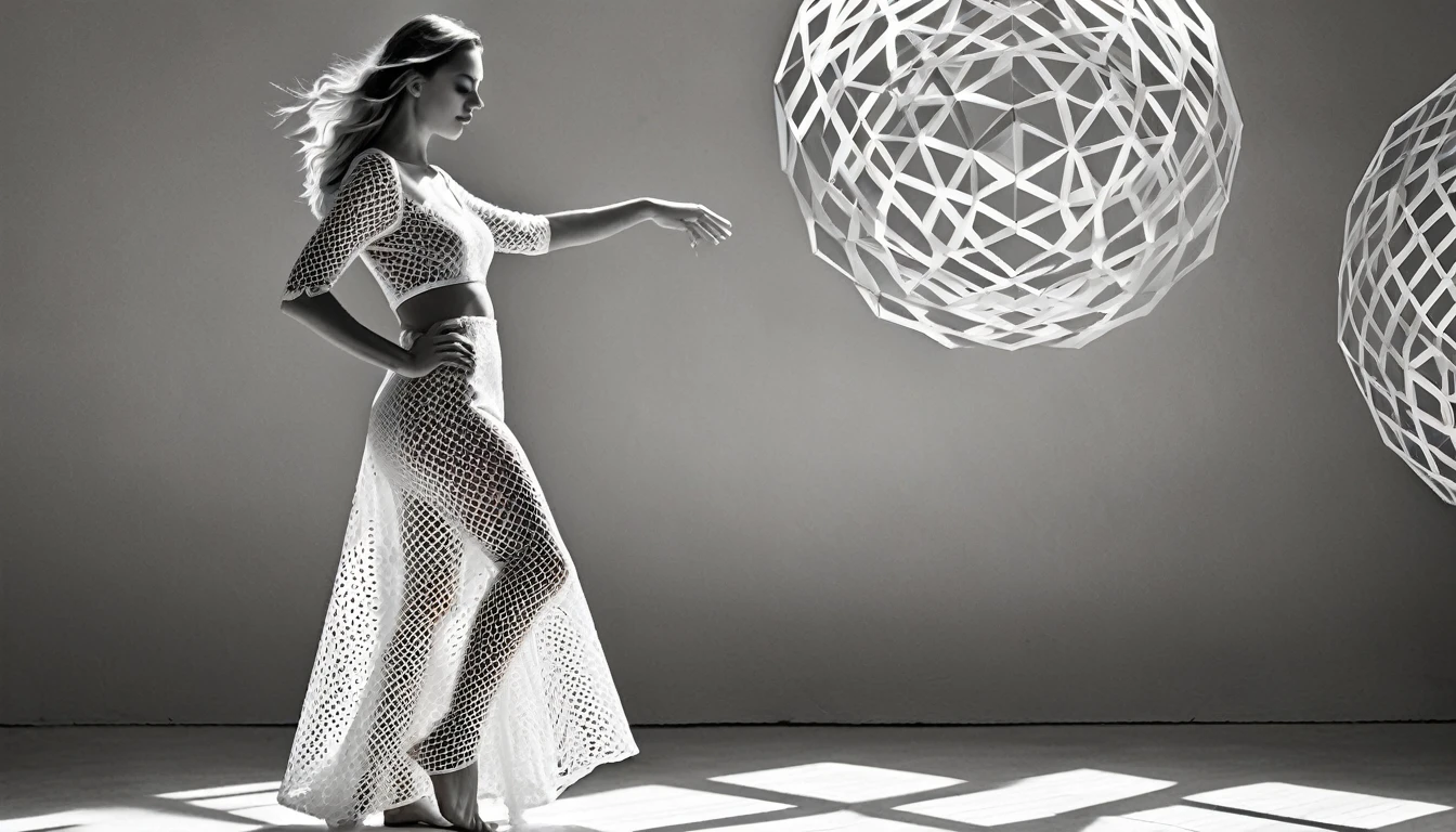 Masterpiece, award-winning photograph, UHD, RAW, (ultra high quality, 8k, intricate details), professional studio photo,(((black and white filter))), full body portrait photo of a beautiful 25 y.o. old european woman dancing before a ((((geometrical art installation inspired by Victor Vasarely)))),wearing a short white silk lace dress, (her body moving in motion), outstrecthed arms, joyfull delighted face, (extra long endless long wavy blonde hair) floating around, skinny fit body, standing in ((various sexy dynamic poses)),perfect curved body, natural tight breasts, nice legs, (real human hands with five fingers), mesmerizing body movements, graceful poses, in the background (geometrical patterns:1.32), (contemporary art), contrasting light and shadows, black and white photography, artistic expression, intense emotions, dramatic compositions, high contrast, best shadow, best quality, monochromatic tones, evocative and sensual, masterful artistry, captivating details, minimalist aesthetic, intense focus on the human form, intricate body positions, subtle lighting, beautifully captured emotions, merging elation and pleasure, (best quality, 4k, highres, masterpiece:1.2), dramatic lighting, phenomenal black and white portraits.