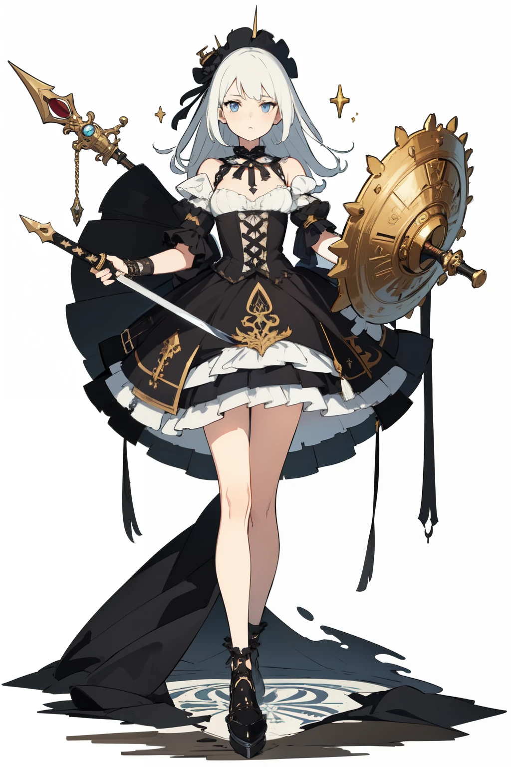 ((best quality)), ((masterpiece)), (detailed), perfect face ((best quality)), ((masterpiece)), (detailed), blank white background, plain background, white background, Bloodborne inspired,  occult aesthetic, occult, detailed and intricate steampunk and detailed gothic, (zentangle, mandala, tangle, entangle),  NSFW, torn clothing, Very dramatic and cinematic lighting, cosmic horror, grim-dark, side-lighting, perfect face, a beautiful goddess adorned and enshrined in armour, Bloodborne inspired , occult aesthetic , occult , detailed and intricate steampunk and detailed gothic , wielding a sword and holding a shield, NSFW, Fluttering lace flared short dress with frilly petticoats, knee length dress, pleated petticoats, lolita dress, petticoats gothic lolita, side-lighting, gothic lolita aesthetic, beautiful small breasts, small breasts, full body, whole body, body, plain background, white background, blank background, no background, white background NSFW, full body, whole body, head-to-toe