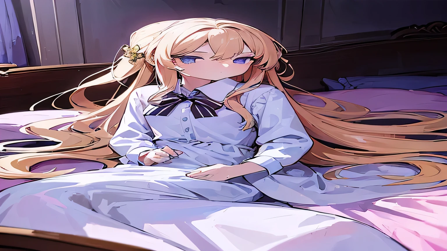 A twelve-year-old girl with long blond hair,There is a butterfly-shaped hairpin on the right side of her hair.,Wearing a white pajama dress,There is also a black bow tied under the collar.。And she was lying on the bed right now,There was blue moonlight entering the room and illuminating the right side of the girl's face,She is having a dream in her sleep。