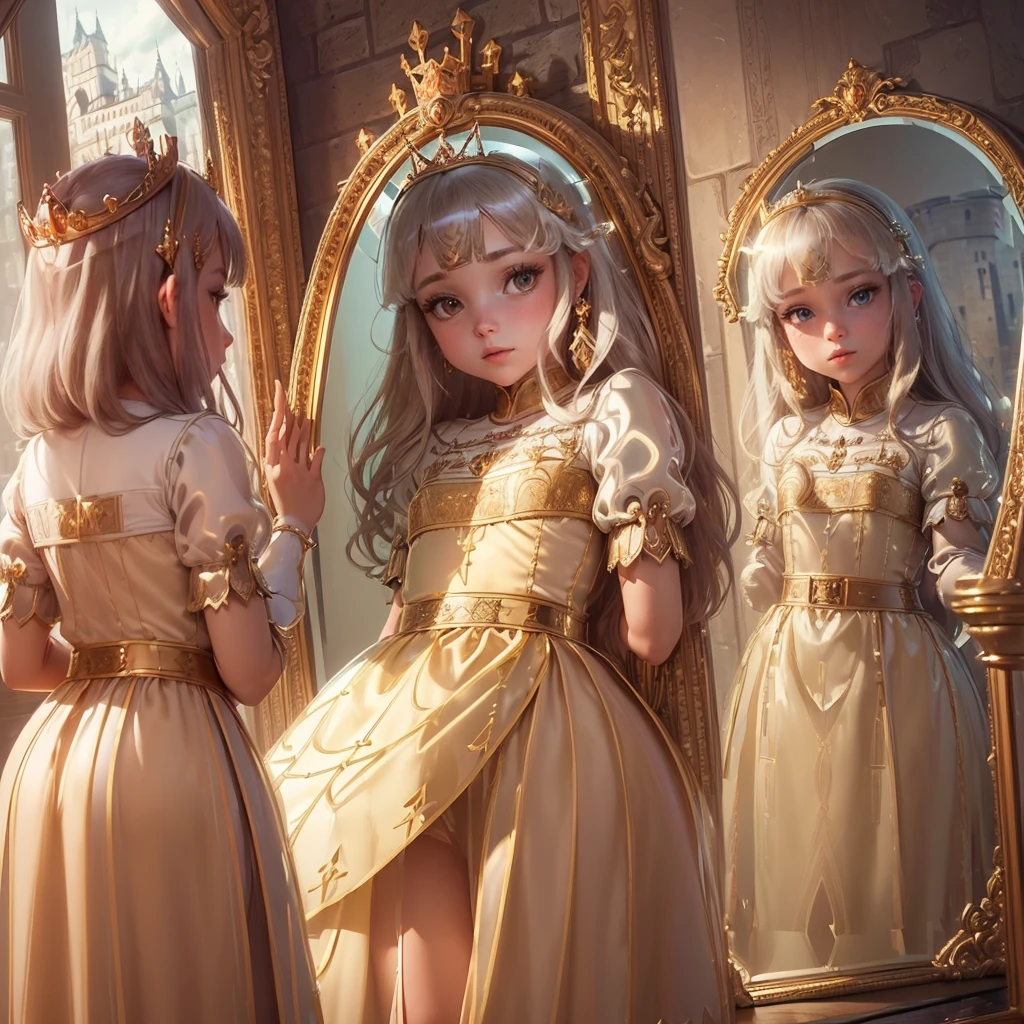 (Princess:1.6),(I can see the castle reflected in the mirror:1.6),masterpiece,high quality,(Highly Detailed CG Unity 8k Portrait:1.3),Nice views,8-year-old girl,Translucent medieval dress, Gold embroidery