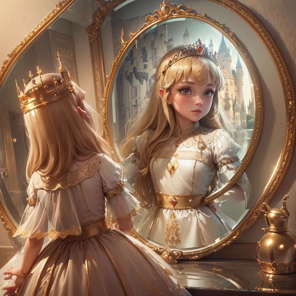 (Princess:1.6),(I can see the castle reflected in the mirror:1.6),masterpiece,high quality,(Highly Detailed CG Unity 8k Portrait:1.3),Nice views,8-year-old girl,Translucent medieval dress, Gold embroidery