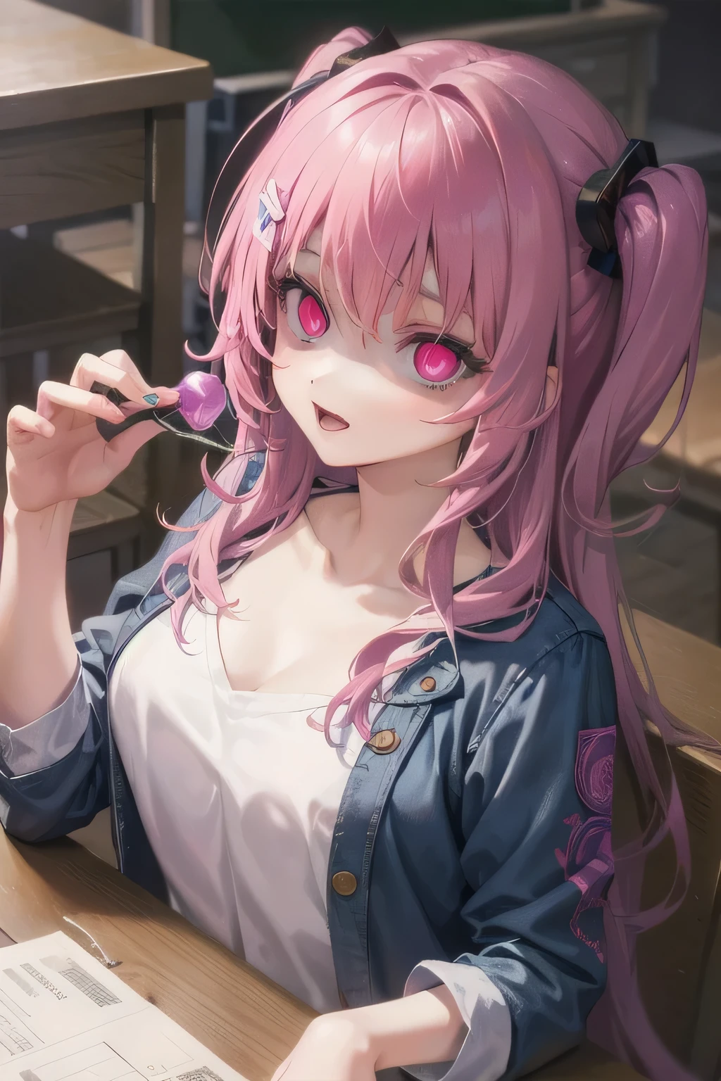 (Tabletop:1.0), (highest quality:1.4), (High resolution:1.2), From the side,Sharp contours,  boyish, highest quality, masterpiece,Glasses,Voice of the Heart,yandere,Browsing Caution,classroom,nude,facial,Excessive ,Chest to chest,Lying face down,Upper Body,Ecstasy,saliva,blush,Squint your eyes,Heterochromia iridis