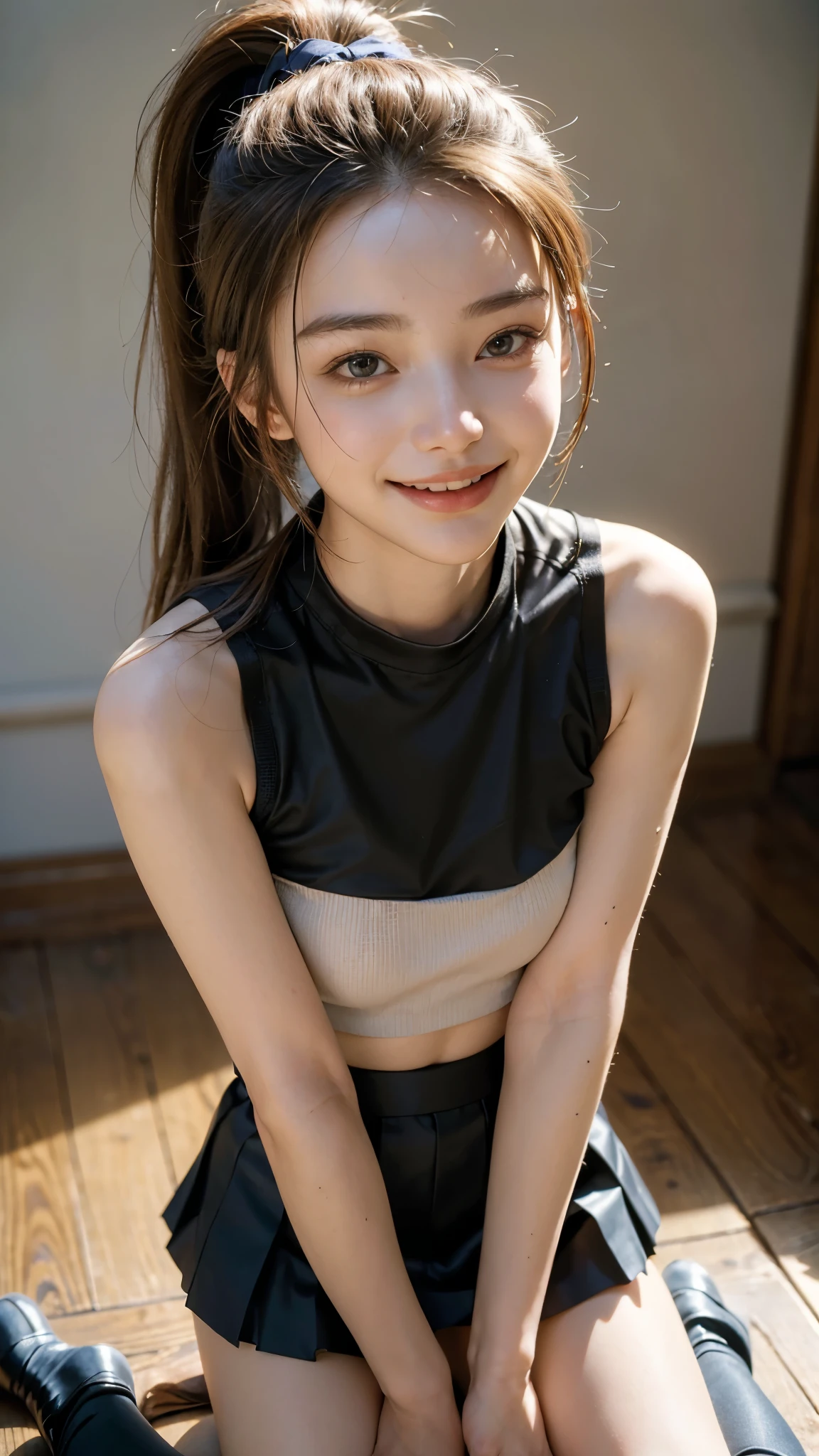 highest quality, masterpiece, Ultra-high resolution,16k,(((Face Focus:1.6))) (Realistic:1.6), (Portrait of a man kneeling with legs apart) RAW Photos, 1 girl, 20-year-old,((Tight mini skirt)),Garter tights,((Ponytail and hair tie)),,((Looking up at the audience)),Realistic,((background)), Image Media Chest)),((Smiling with teeth showing)),