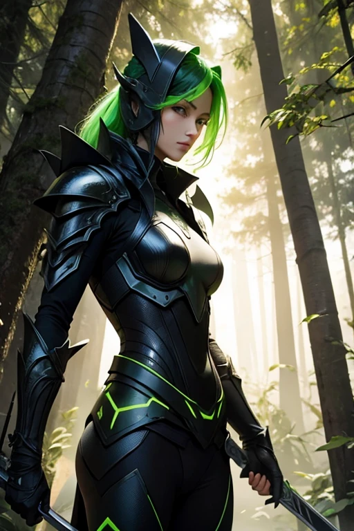 warrior.futuristic black and green armor.green sword with green rays.in a forest