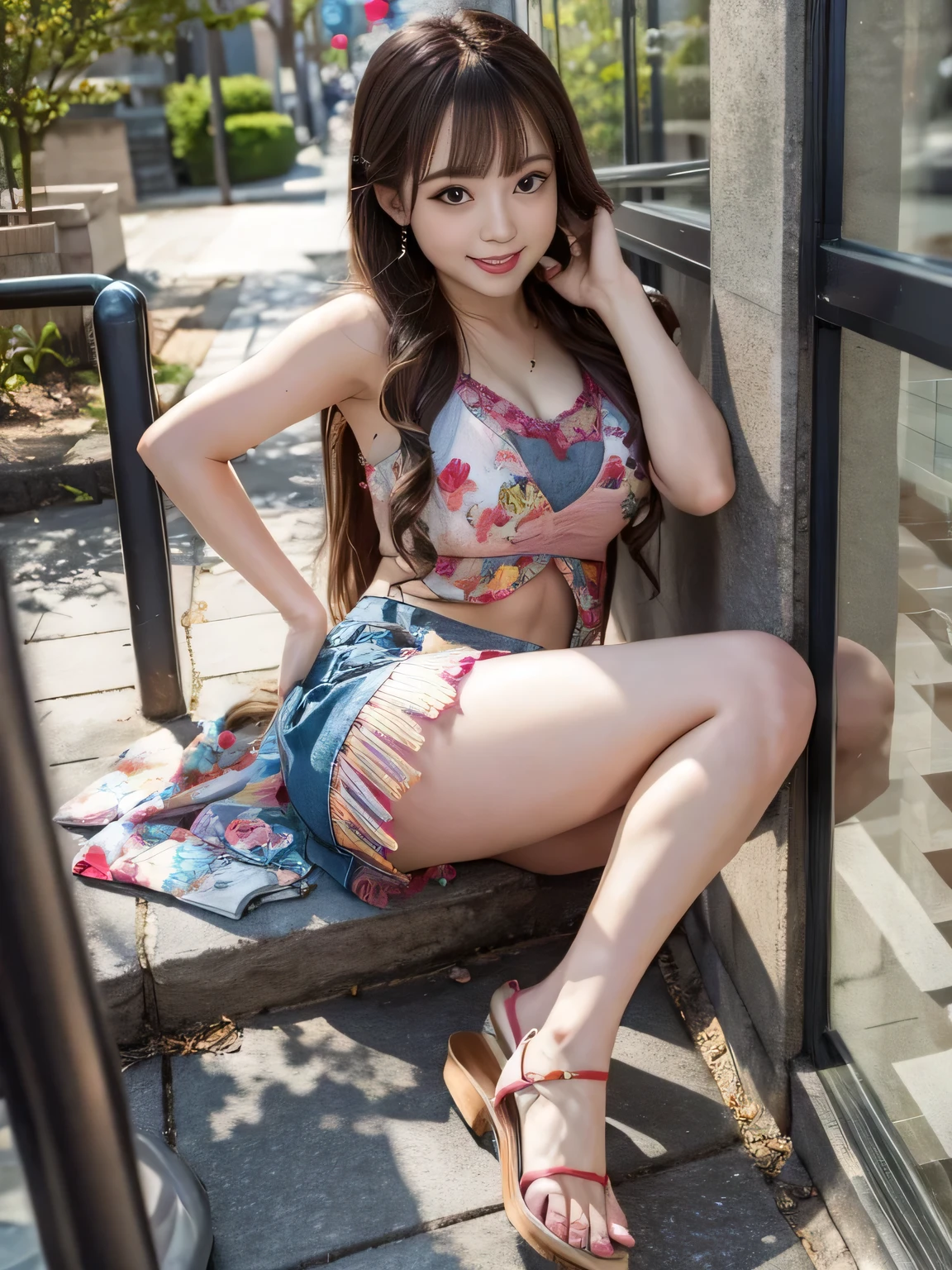 Ultra mini skirt、Idol、19 years old、smile、Beautiful feet、Sandals、