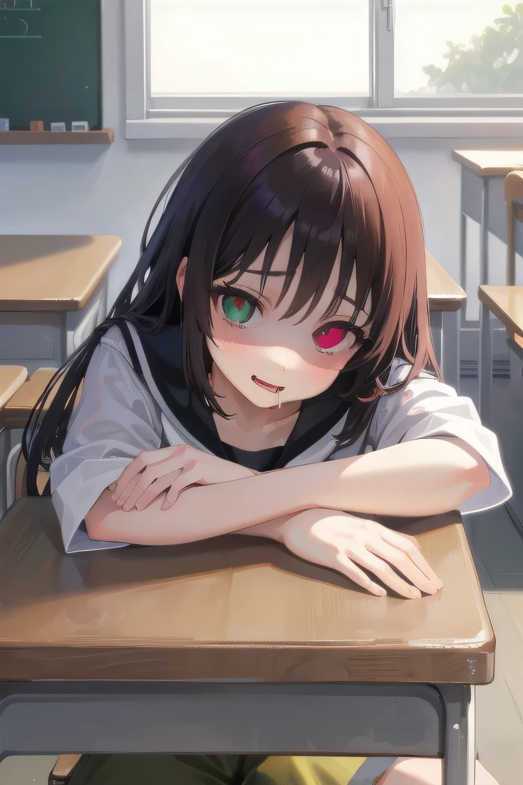 (Tabletop:1.0), (highest quality:1.4), (High resolution:1.2), From the side,Sharp contours,  boyish, highest quality, masterpiece,Glasses,Voice of the Heart,yandere,Browsing Caution,classroom,nude,facial,Excessive ,Chest to chest,Lying face down,Upper Body,Ecstasy,saliva,blush,Squint your eyes,Heterochromia iridis