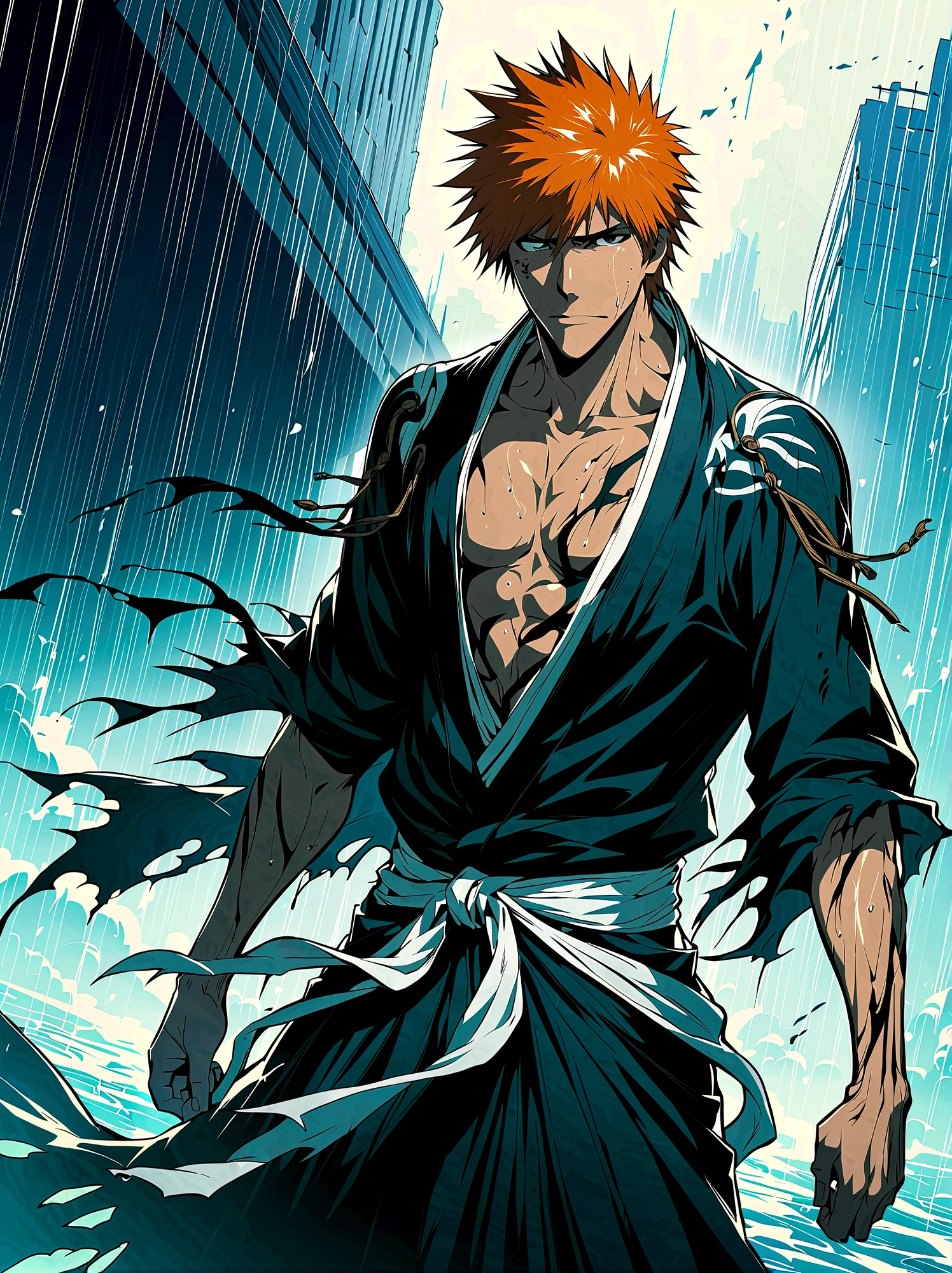 1boy, male focus, kurosaki ichigo, bleach, White skull mask on face,Disheveled black hair,Black hakama pants,(Black Tai Dao:1.3),Damaged clothes,outdoor,rain,Very aesthetic,illustration,Perfect composition,Wet skin,Intricate details