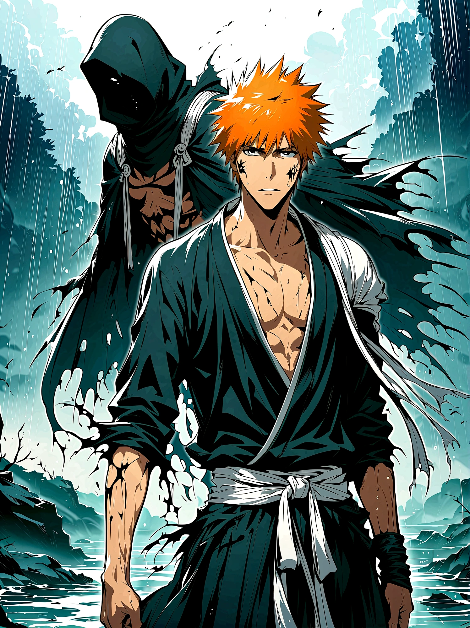 1boy, male focus, kurosaki ichigo, bleach, White skull mask on face，Disheveled black hair，Black hakama pants，(Black Tai Dao:1.3)，Damaged clothes，outdoor，rain，Very aesthetic，illustration，Perfect composition，Wet skin，Intricate details