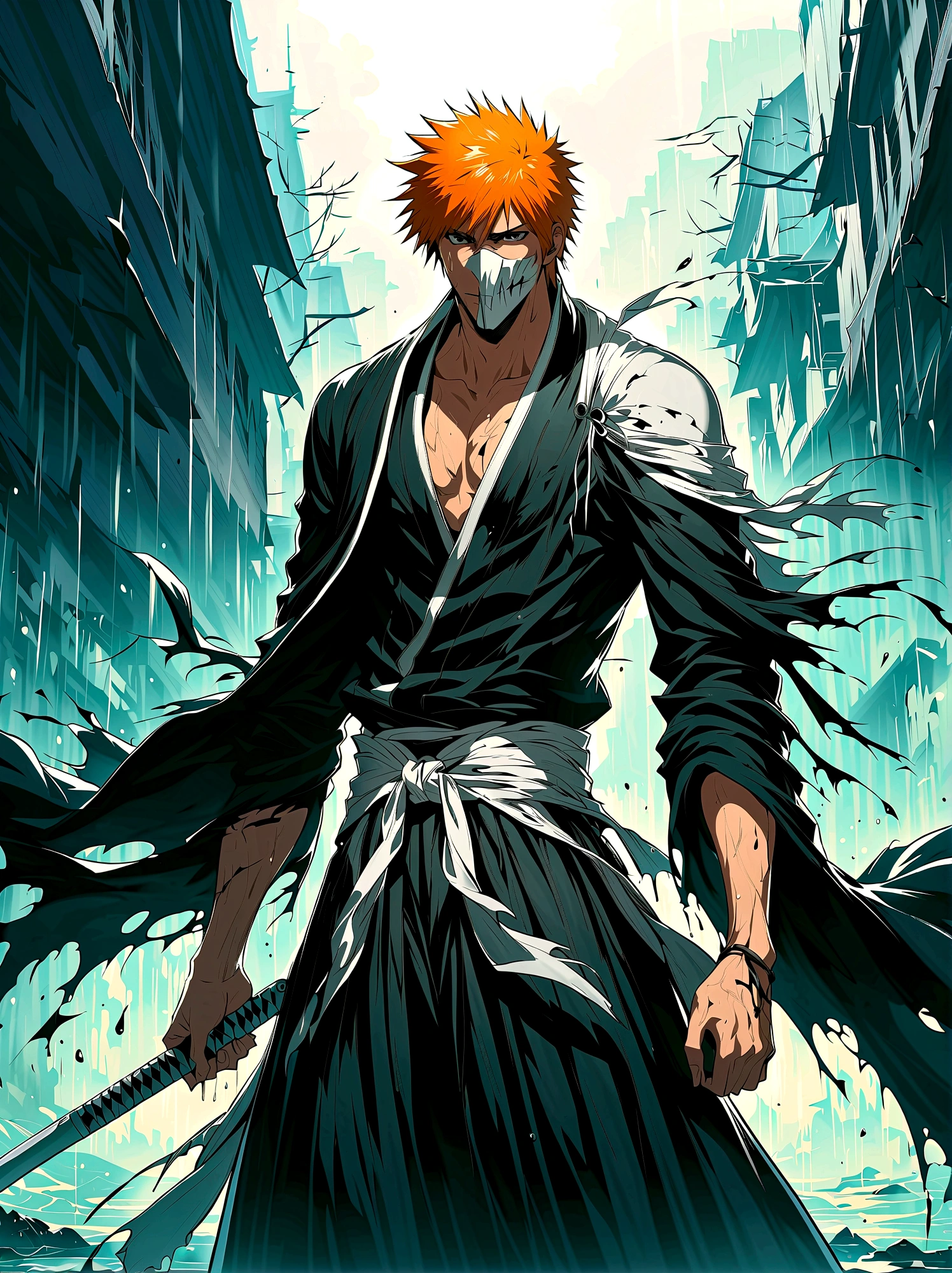1boy, male focus, kurosaki ichigo, bleach, White skull mask on face,Disheveled black hair,Black hakama pants,(Black Tai Dao:1.3),Damaged clothes,outdoor,rain,Very aesthetic,illustration,Perfect composition,Wet skin,Intricate details