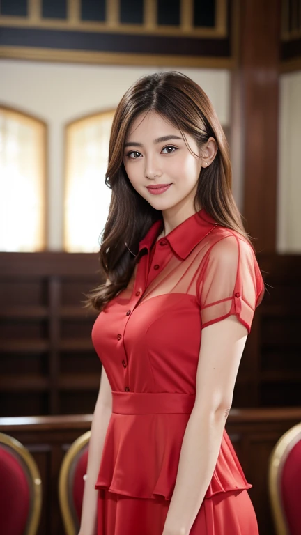 (RAW Photos), (Realistic), (masterpiece), (highest quality), High resolution, 8k, (Intricate details), (Volumetric Light), Portraiture, woman, Age 35, Medium Hair, Straight hair, Center of chest, Layered Hair, Brown Hair, Very beautiful eyes, Source order, Very thin eyebrows, Very fine skin, Very beautiful mouth, Very nice nose, Cute like an idol, smile, (Thick lips), (Looking at the audience), (See-through red collared dress shirt), Are standing,Full Body Shot,Smile and laugh,