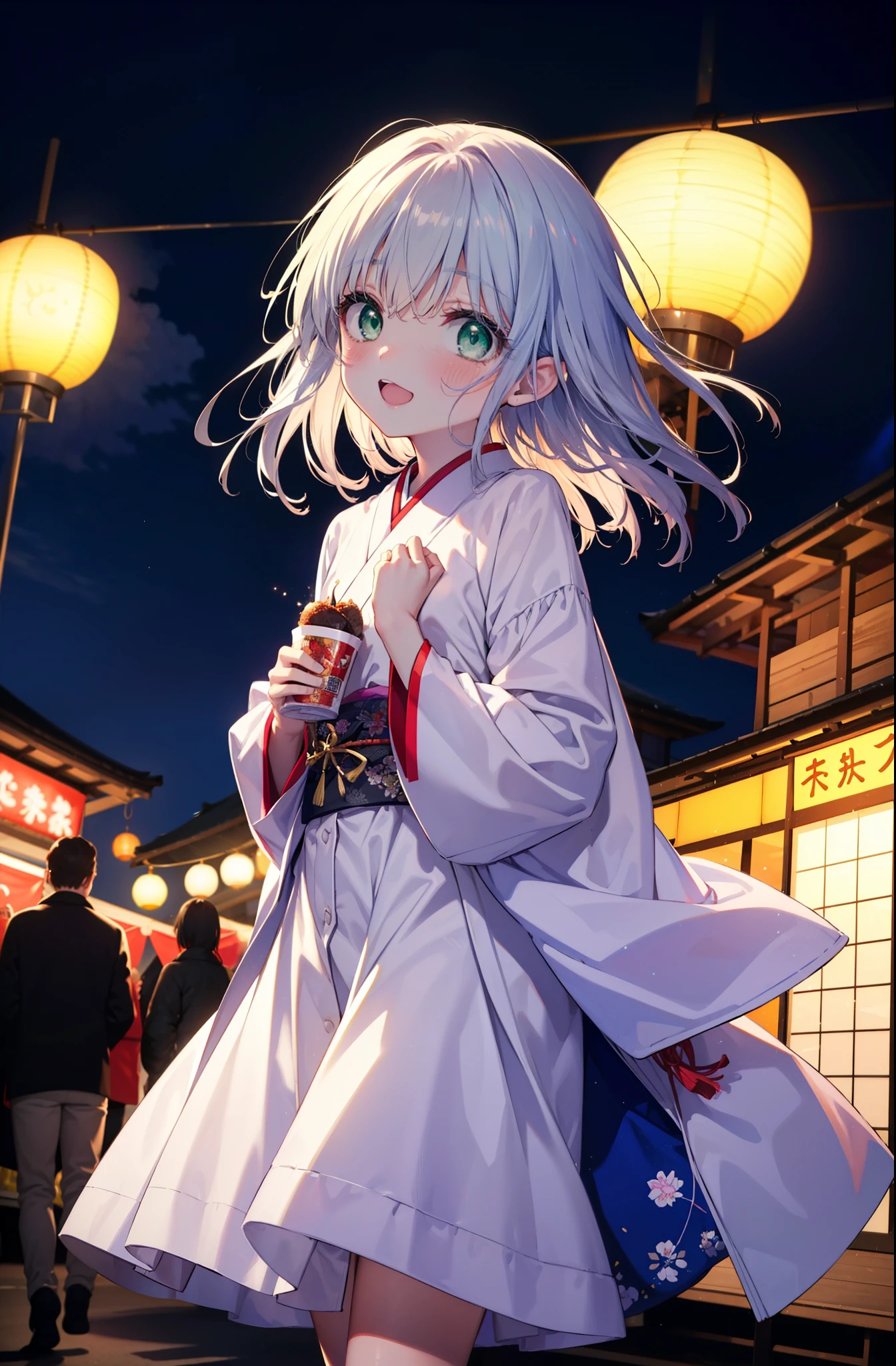 index, index, (Green Eyes:1.5), Silver Hair, Long Hair, (Flat Chest:1.2),smile,blush,Happy atmosphere,Open your mouth,hair tied back,White clothing,Long sleeve,mini skirt,Sandals,night空の花火,Fireworks display,Japanese Festivals,Summer festival food stalls,Red Lantern, night,whole bodyがイラストに入るように,Looking down from above,She is holding cotton candy in her right hand,
break outdoors, shrine,                                              break looking at viewer,whole body,(Cowboy Shot:1. 5)
break (masterpiece:1.2), highest quality, High resolution, unity 8k wallpaper, (shape:0.8), (Beautiful and beautiful eyes:1.6), Highly detailed face, Perfect lighting, Extremely detailed CG, (Perfect hands, Perfect Anatomy),