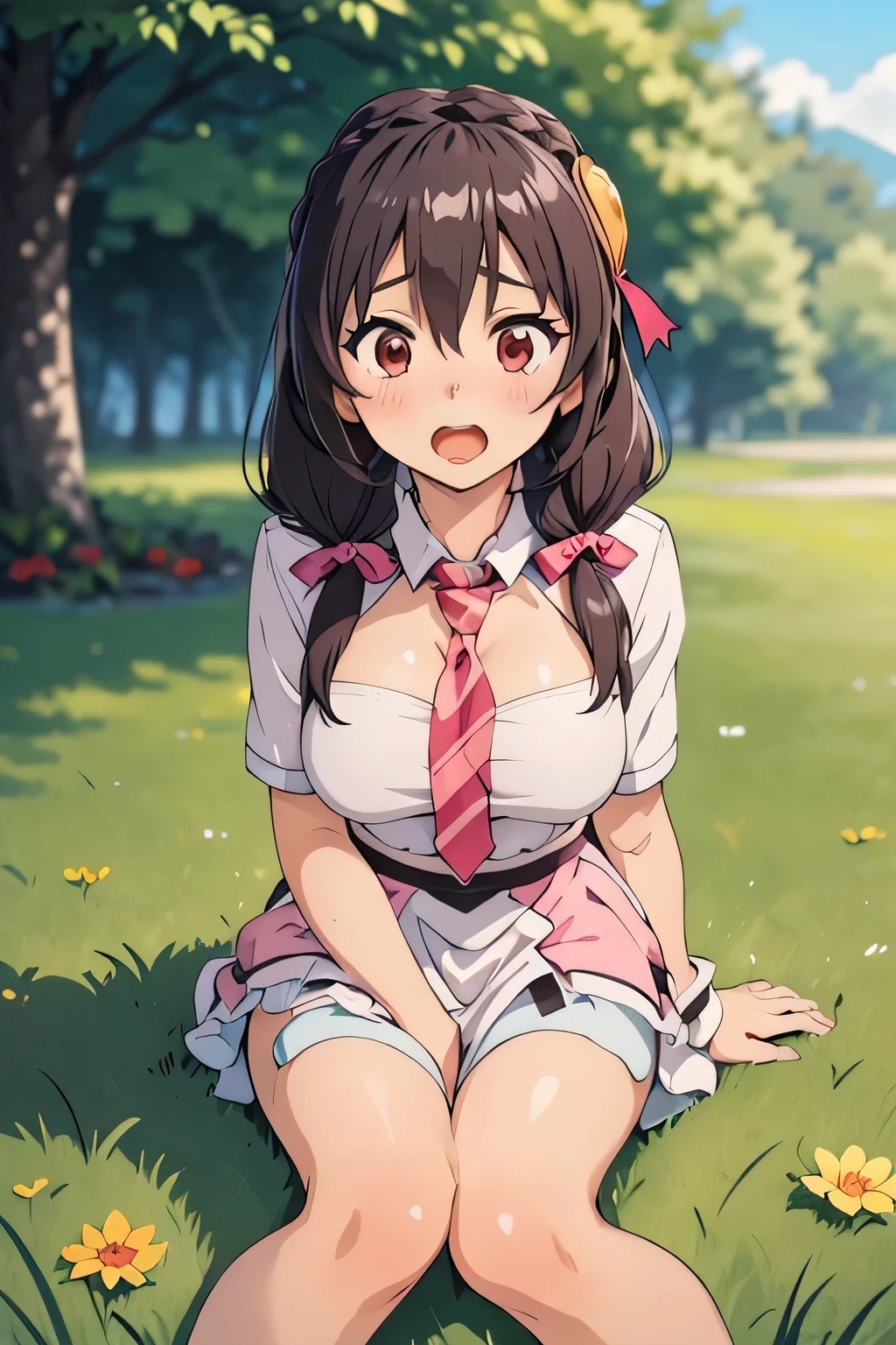 (masterpiece, highest quality), One girl,    Yunyun,Long Hair,Braiding,Twin tails,Hair between the eyes,Hair Ribbon,hair ornaments,Slightly larger breasts,tie,Pink Skirt、Yawn、Girl sitting on the grass