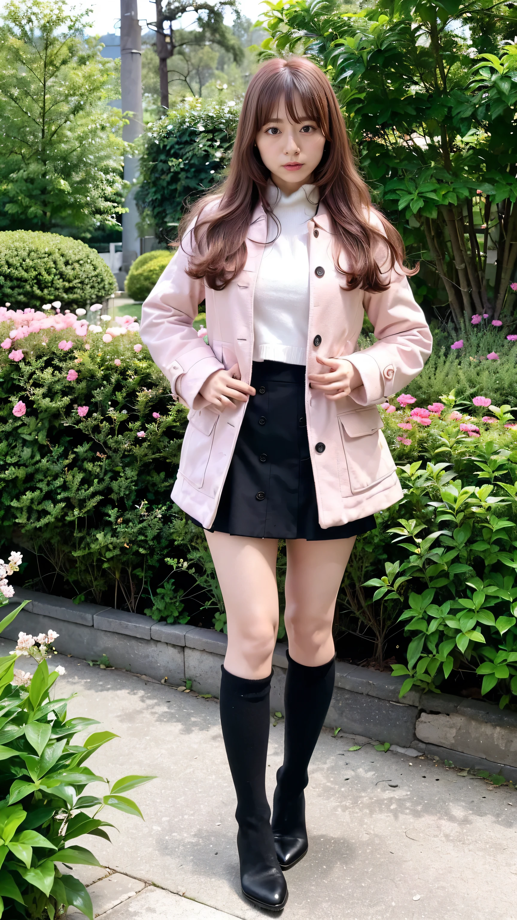 (8k、RAW Photos、highest quality、masterpiece:1.2)、(Realistic、Realistic)、1 girl、((Pink Coat、Black Mini Skirt、Knee socks、、Big Breasts、boots、whole body、garden、View from the front、Looking into the camera、Standing with hands on hips))、