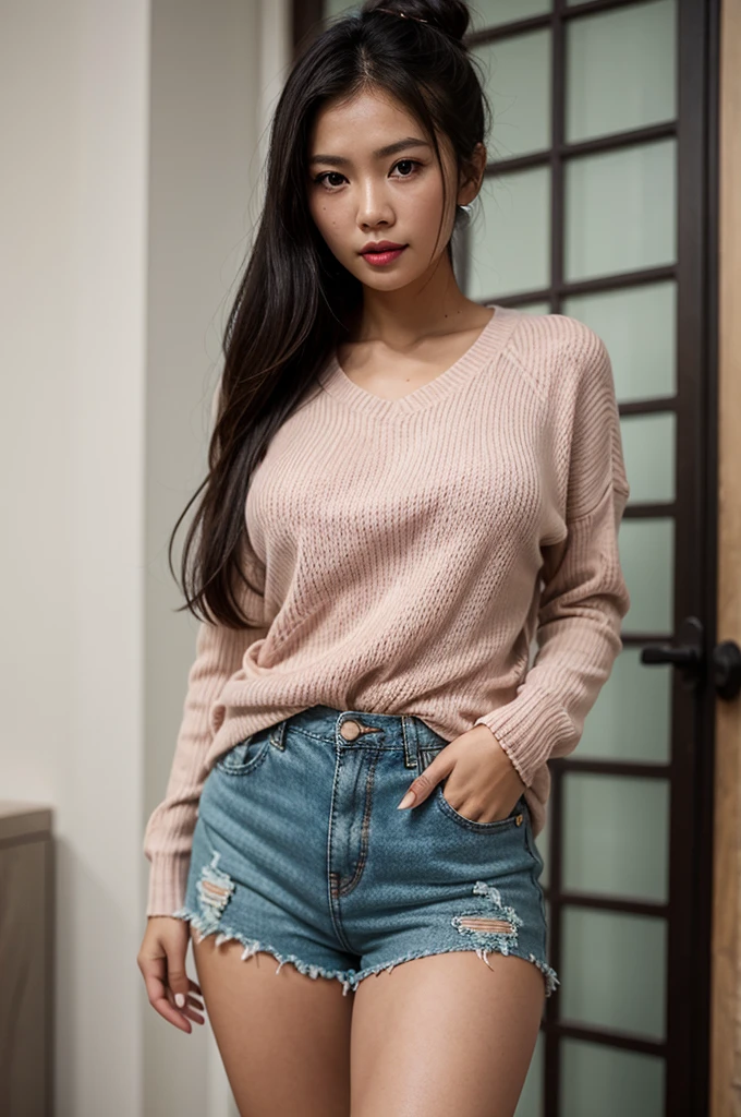 1woman, woman, asian woman, woman, hot woman, asian/Philippines model, beautiful, model, sport shorts, girly shorts, running shorts, casual woman shorts, sweater, cute female sweater, sweater, great figure, perfect proportions, black hair, long black hair, long beautiful hair, bunn in hair, hairbun, hairbun for woman, messy hair bun, messy hair bun, white eyes, perfect beautiful white eyes, detailed white eyes, majestic woman great figure, asian/Philippines, asian woman, light pink lipstick, perfect face, cemeterial face, great body, beautiful body perfect face with white eyes black hair light pink lipstick asian/Philippines,casual clothes, sport shorts, girly shorts, running shorts, casual woman shorts, sweater, cute female sweater, sweater, asian woman, (Thick body, great figure) BREAK highly realistic, perfect image, realistic image, photorealistic, real image, real photo 8k image, high-resolution. [perfect hands, perfect legs, perfect proportions, perfect face, woman] asian woman, beautiful asian woman (white eyes, beautiful white eyes, detailed white eyes) *black hair* *white eyes* *messy hairbun* *sportshorts for woman* *oversized sweater*
