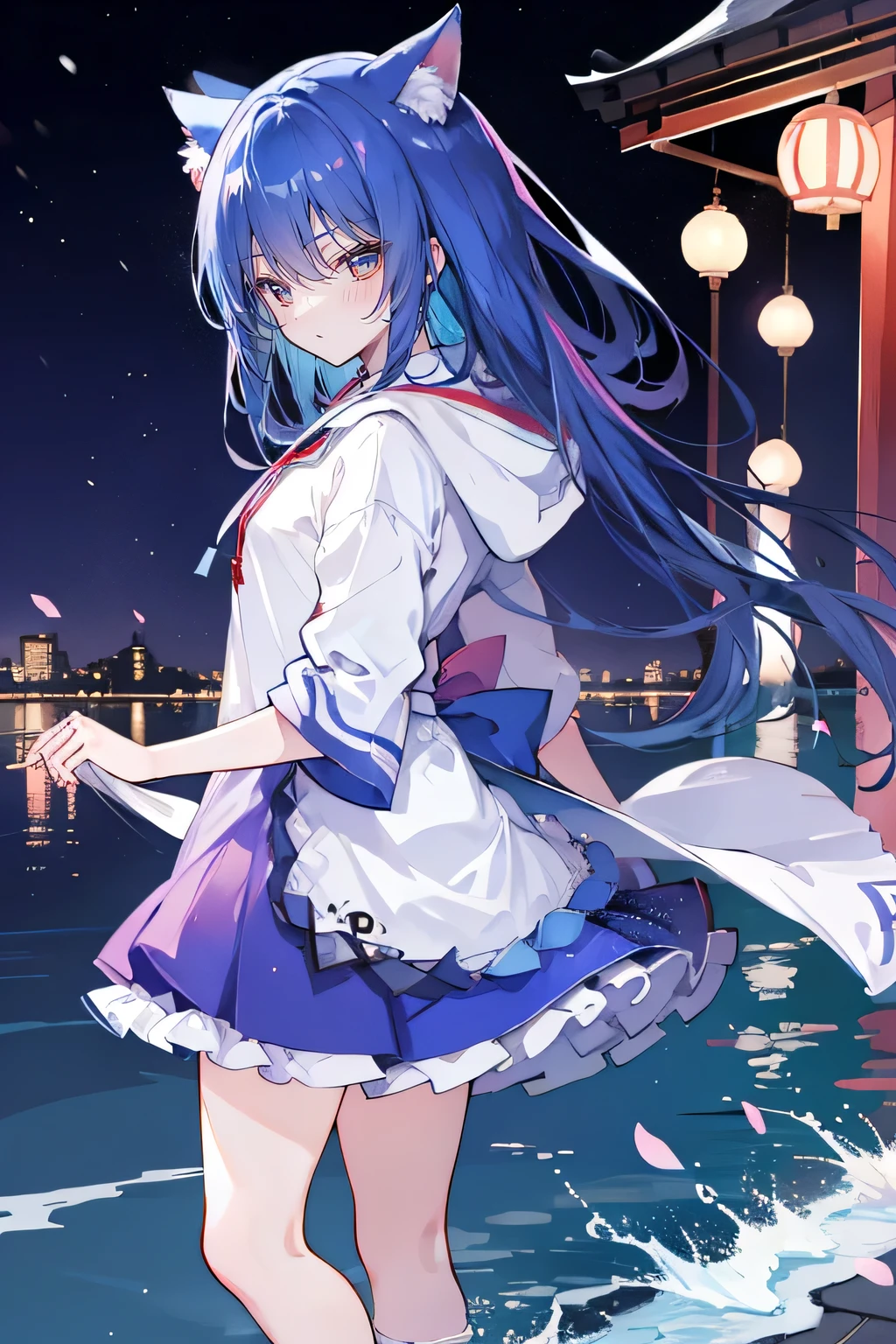 (masterpiece:1.2),Super detailed,lifelike,Expressive eyes,fair skin,perfect face shape,1 girl,
Japanese comics,Gorgeous blue hair,flowing blue hair,flowing clothes,Cat ears,Petals fall,beautiful lola,Baby Angel,
Shaking head with one hand,Cross your legs,Gentle and peaceful background,The pavilion is cool and comfortable,smile, wearing hoodie, background of tokyo,back views,snowing, winter,lie on the water.