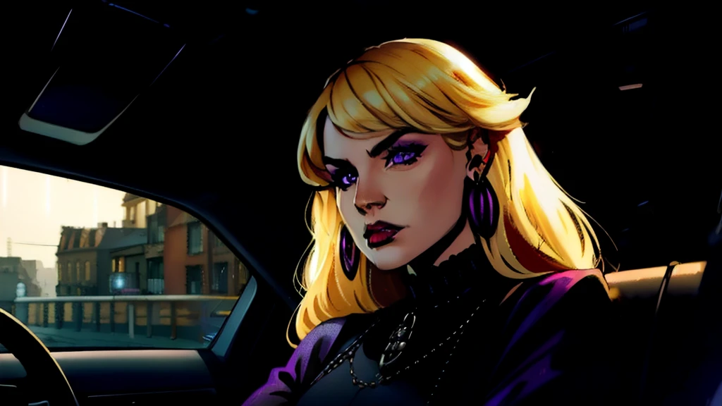 1 woman, bangs, blonde hair, car, car interior, closed mouth, earrings, ground vehicle, gothic black dress, jewelry, lipstick, long hair, looking at the road, makeup, motor vehicle, purple eyes, rain, red lips, solo, hand on the steering wheel, eyes on the road, looking sad