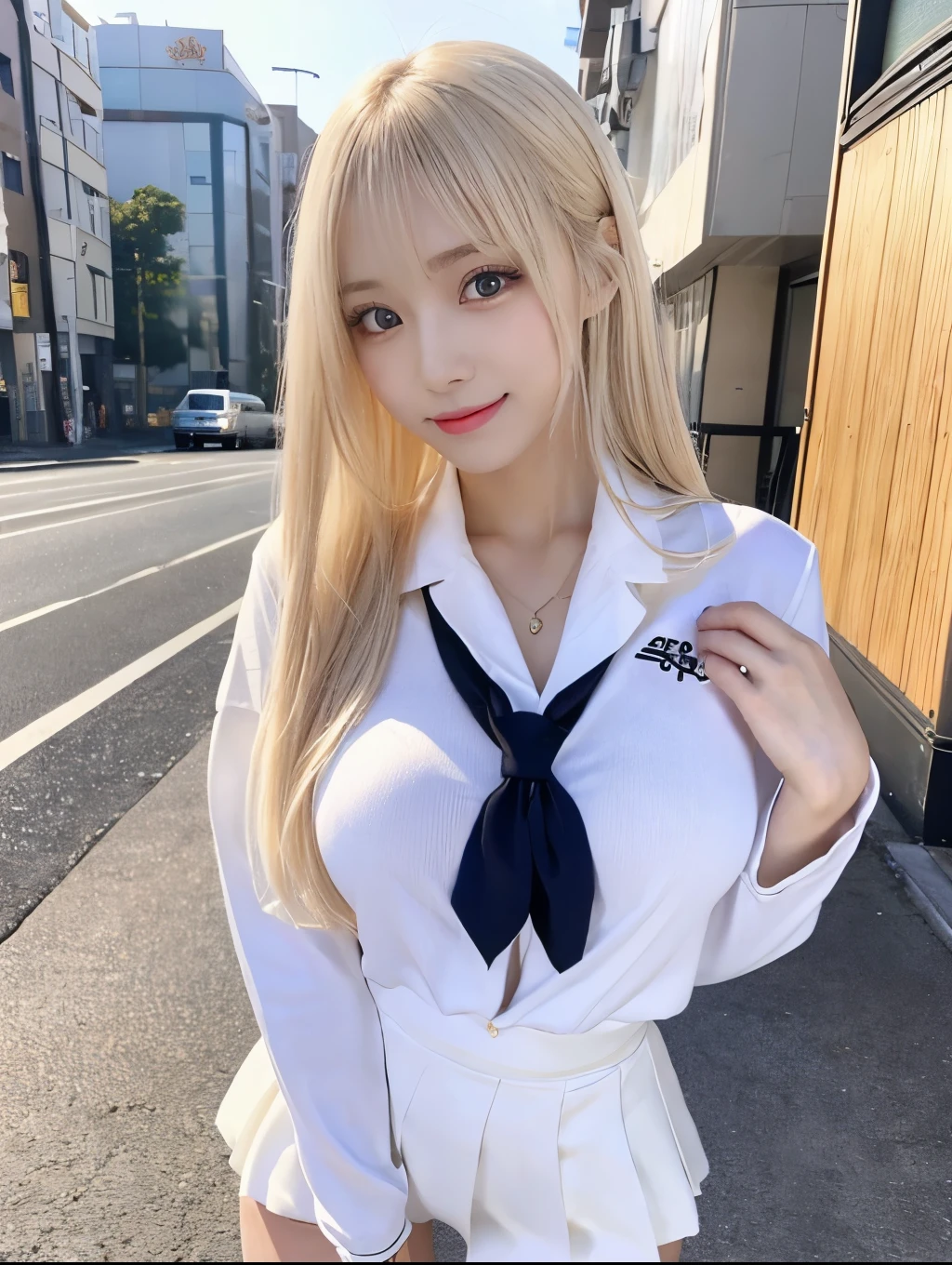 ( Masterpiece, highest quality), 98k, ((Perfect Anatomy:1.3)),Beautiful Japanese Women, Succubus,alone, 18-year-old, Small face,Cute face:1.2,Smiling, Larger breasts, ,Beautifully detailed round eyes, Evenly spaced eyes 1.2, Long platinum blonde hair,Random Hair, (Highly detailed face and skin texture), Beautiful face in golden proportions,White skin,Accentuate your beautiful legs,Student uniform,Random sexy poses, Sunny day,(Standing like a model:1.3)