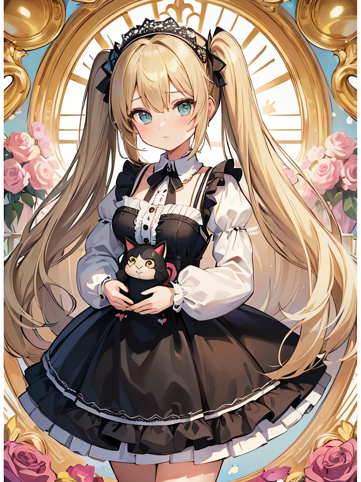 (masterpiece、highest quality、highest quality、Official Art、Beautiful and beautiful:1.2)、(One girl:1.3)Hatsune Miku、Twin tails,Beautiful breasts,Blonde girl in ta clothes,Holding a tsundere black cat,Floral frame,Decorative panel,Abstract art,Alphonse Mucha's(masterpiece,highest quality,High resolution:1.4),Detailed,Intricate details,4K,Splashes of color,Line art,Fibonacci,