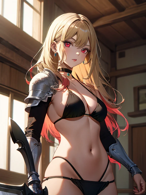 Bikini Armor、Battle Axe、Warrior、Ancient City、kitagawa marin, 1girl, blonde hair, long hair, multicolored hair, red eyes, jewelry, earrings, piercing, black choker, UHD, retina, masterpiece, ccurate, anatomically correct, textured skin, super detail, high details, high quality, best quality, highres, 4K