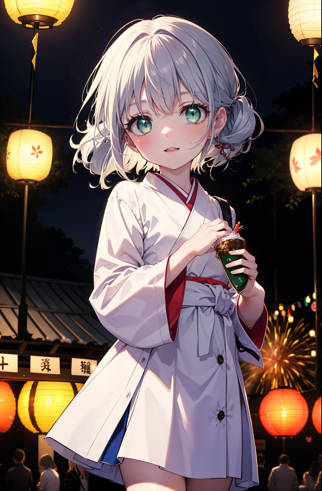 index, index, (Green Eyes:1.5), Silver Hair, Long Hair, (Flat Chest:1.2),smile,blush,Happy atmosphere,Open your mouth,hair tied back,White clothing,Long sleeve,mini skirt,Sandals,night空の花火,Fireworks display,Japanese Festivals,Summer festival food stalls,Red Lantern, night,whole bodyがイラストに入るように,Looking down from above,She is holding cotton candy in her right hand,
break outdoors, shrine,                                              break looking at viewer,whole body,(Cowboy Shot:1. 5)
break (masterpiece:1.2), highest quality, High resolution, unity 8k wallpaper, (shape:0.8), (Beautiful and beautiful eyes:1.6), Highly detailed face, Perfect lighting, Extremely detailed CG, (Perfect hands, Perfect ???????),