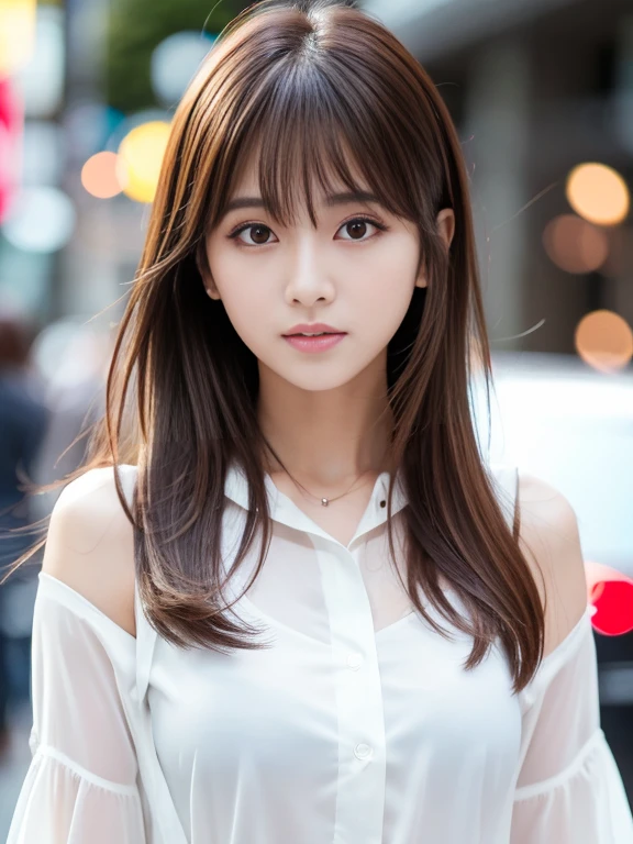 Ultra-high resolution, Superior Quality, highest quality, Super detailed, Realistic, 8k, RAW Photos, highest quality, masterpiece, Attractive girl, A wonderful girl, Brown Hair, Shoulder-length layered, Asymmetrical bangs, K-Pop Idols, Sophisticated, stylish, White blouse,Shibuya Ward,