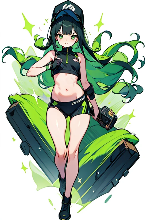 Black background,one color background, background only black, high quality,4k, shadings on character,high resolution, a girl, green hair, long hair, cold white eyes, no emotions, green crop top, white, green jean,thick eyelashes, eyelashes,black eyeliner, looking at viewer, standing still, holding a pistol with herhand, big breasts, character two meters in front of the viewer, green oni horn with neon green on it, neon on her clothes, cyberpunk style