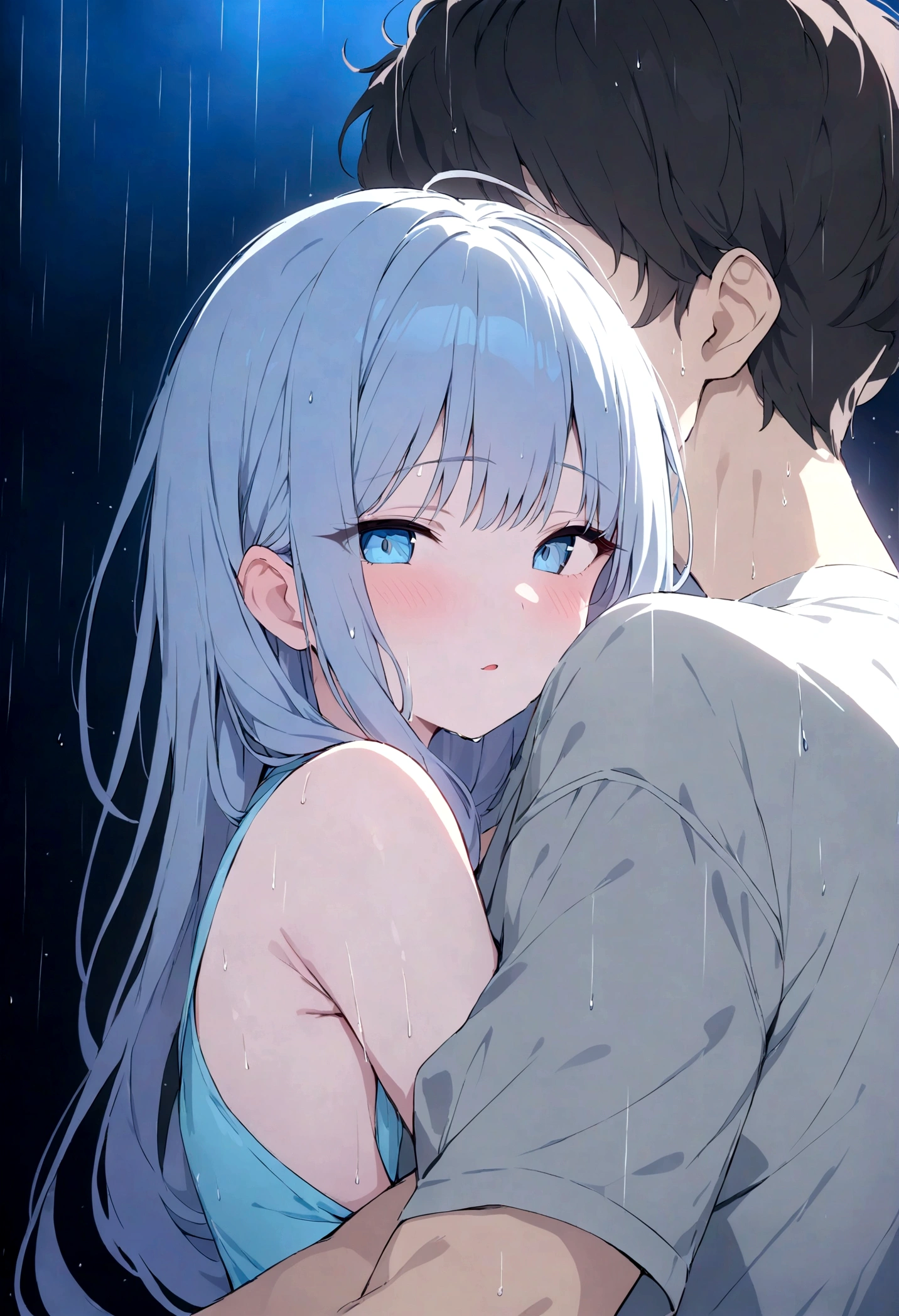 Couples embrace,The upper part of the body,A boy with,one-girl,in tokyo at night, rain,low-saturation,pale-blue( reasonable design, Clear lines, High sharpness,Best quality, Very detailed, Masterpiece, movie light effect, 4K )