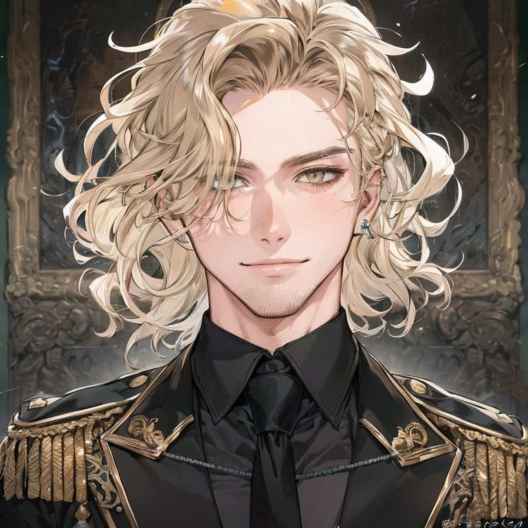 Masterpiece, absurdres, fine detail, HDR, solo, looking at viewer, smile, shirt, blonde hair, 1boy, hair between eyes, jewelry, jacket, golden eyes, upper body, male focus, earrings, necklace, ear piercing, FH , lightning mage, toned, lightning mage robe, electrical aura, early 20s,