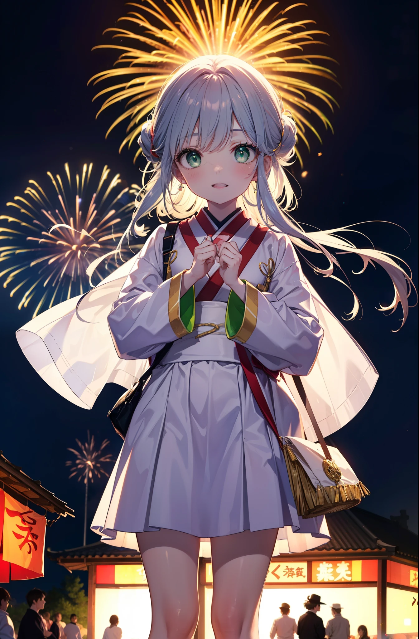 index, index, (Green Eyes:1.5), Silver Hair, Long Hair, (Flat Chest:1.2),smile,blush,Happy atmosphere,Open your mouth,hair tied back,White clothing,Long sleeve,mini skirt,Sandals,night空の花火,Fireworks display,Japanese Festivals,Summer festival food stalls,Red Lantern, night,whole bodyがイラストに入るように,Looking down from above,She is holding cotton candy in her right hand,
break outdoors, shrine, break looking at viewer,whole body,(Cowboy Shot:1. 5)
break (masterpiece:1.2), highest quality, High resolution, unity 8k wallpaper, (shape:0.8), (Beautiful and beautiful eyes:1.6), Highly detailed face, Perfect lighting, Extremely detailed CG, (Perfect hands, Perfect Anatomy),