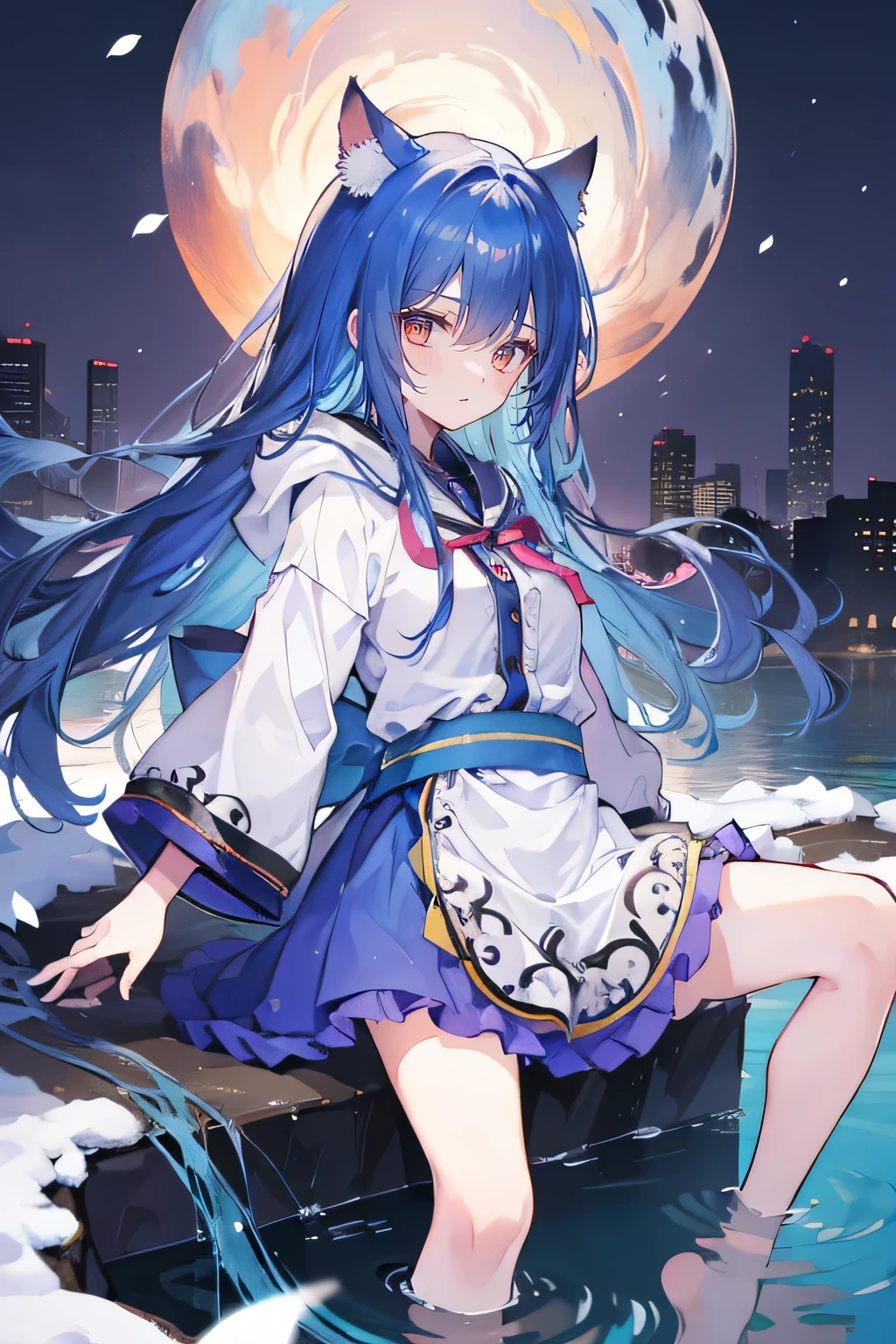 （masterpiece：1.2），Super detailed，lifelike，Expressive eyes，fair skin，perfect face shape，1 girl，
Japanese comics,Gorgeous blue hair,flowing blue hair,flowing clothes,Cat ears,Petals fall,beautiful lola,Baby Angel,
Shaking head with one hand，Cross your legs，Gentle and peaceful background，The pavilion is cool and comfortable,smile, wearing hoodie, background of tokyo,back views,snowing, winter,lie on the water.