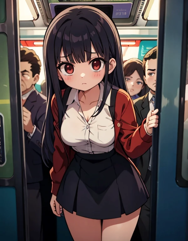 Girl, who was touched without her consent by several  subway car,illustration,harsh and unsettling atmosphere,[dark shadows,dark and crowded subway car,panic,struggle],(Best quality,a high resolution),bright colors,warm colors,dim lighting