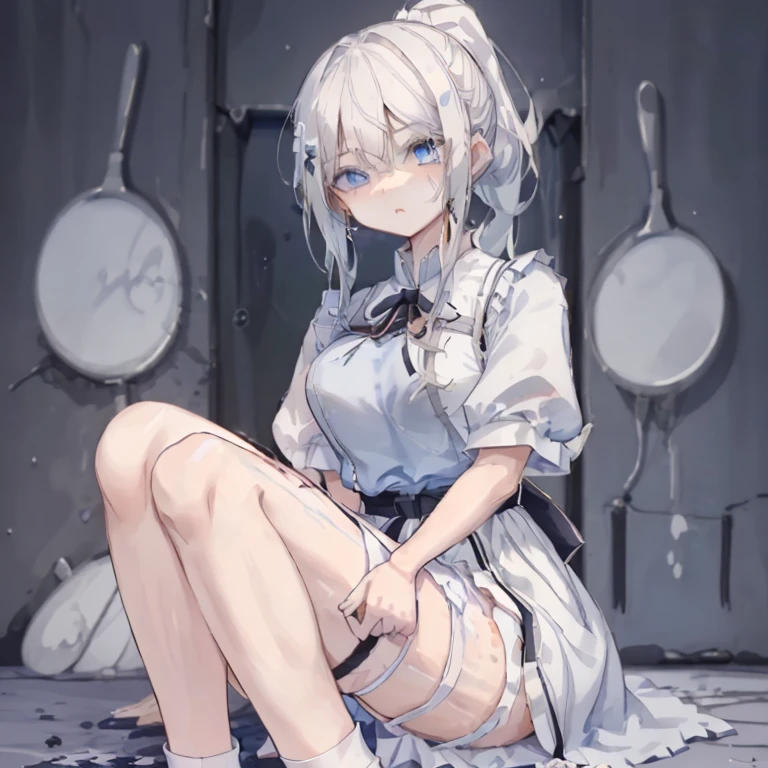 1 girl、Mature、Ample breasts、White Hair、Long Hair、ponytail、ハイponytail、Blue Eyes、Sharp Eyes、Maid clothes、Miniskirt、Thighs、garter、Short sleeve、Bandage on hand、Blood splatter、squat、Get down on one knee、Large cutlery、cool、High resolution、highest quality、