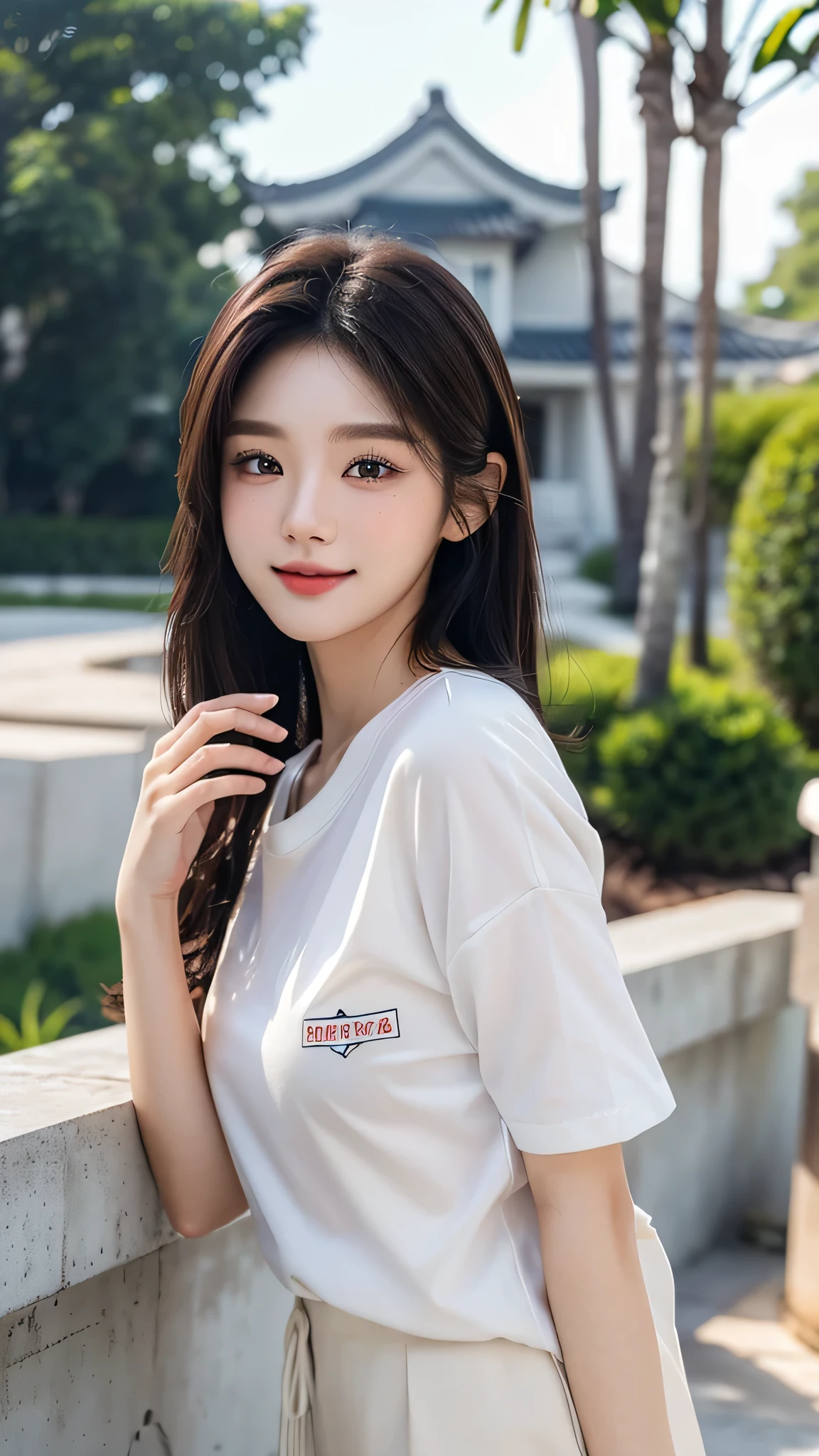 ​masterpiece、top-quality)、1 beautiful girl, (Detailed beautiful eyes), ((Detailed skin)) , ((Detailed medium hair)), in the white villa、((Boyish Brown Medium Hair))、((Smaller face))、((Neutral face))、((Face seen from the side))、((Light brown eyes))、((Korean Girl))、((18year old))、((shirt and short))、((A shy smile on his face))、((Korean Makeup))、((elongated and sharp eyes))、((Happy dating))、((boyish))、((Shot from the same height as your face)、full body , RAW photos, on the white villa ), ((CG rendering)), ((Blurred background)), ((16K)),  ((Very detailed)), ((wallpaper)), ((depth of field)), ((movie light)), (( Ray tracing)).