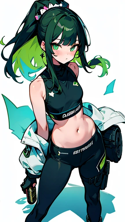 Saori_greenarchive, bedazzling eye, exposed Stomach, 露出したbelly button, Naked tummy, length_hair, 前hair, green_eye, black_hair, Hello, have, chest, baseball_cap, Sleeveless, green_hair, black_Have, belly button, Stomach, big_chest, Sparkling, Starlight、white background, full body