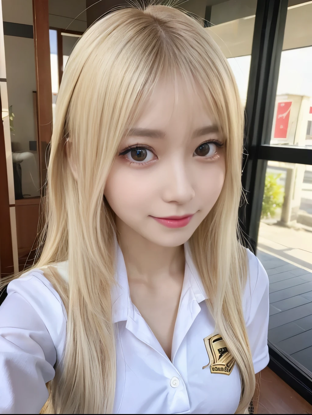 ( Masterpiece, highest quality), 98k, ((Perfect ???????:1.3)),Beautiful Japanese Women, Succubus,alone, 18-year-old, Small face,Cute face:1.2,Smiling, Larger breasts, ,Beautifully detailed round eyes, Evenly spaced eyes 1.2, Long platinum blonde hair,Random Hair, (Highly detailed face and skin texture), Beautiful face in golden proportions,White skin,Accentuate your beautiful legs,(Revealing student uniforms:1.2),Random sexy poses, Sunny day,（Standing like a model:1.3）