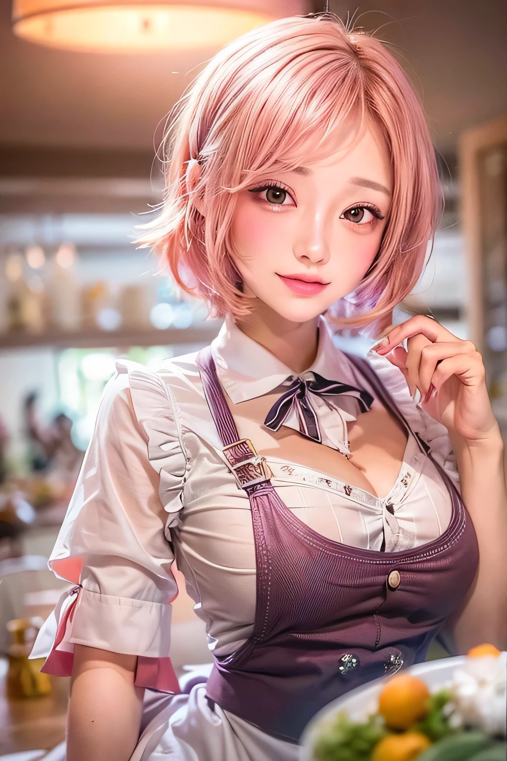 (breast focus:1.3), masterpiece, 1 Beautiful girl, Fine grain, highest quality, Ultra High resolution, (reality: 1.4), Cinema Lighting, Beautiful Skin, (Ultra-realistic), (High resolution), (8k), (Very detailed), ( Best illustrations), Pouting slightly, (Crystal colorful lights), Extremely refined and beautiful, beautiful detailed eyes, Round eyes, detailed facial features, (Round pupils:1.4), (alluring face), Glistening Lips, smile, (medium breasts:1.3), Open lips, (Beautiful and detailed face, Beautiful and delicate eyes), pink cheek, mascara, pink hair, short hair, (waitress, apron, orange skirt, (white shirt:1.05), thighhighs:1.1), (cleavage:1.3), dynamic pose,