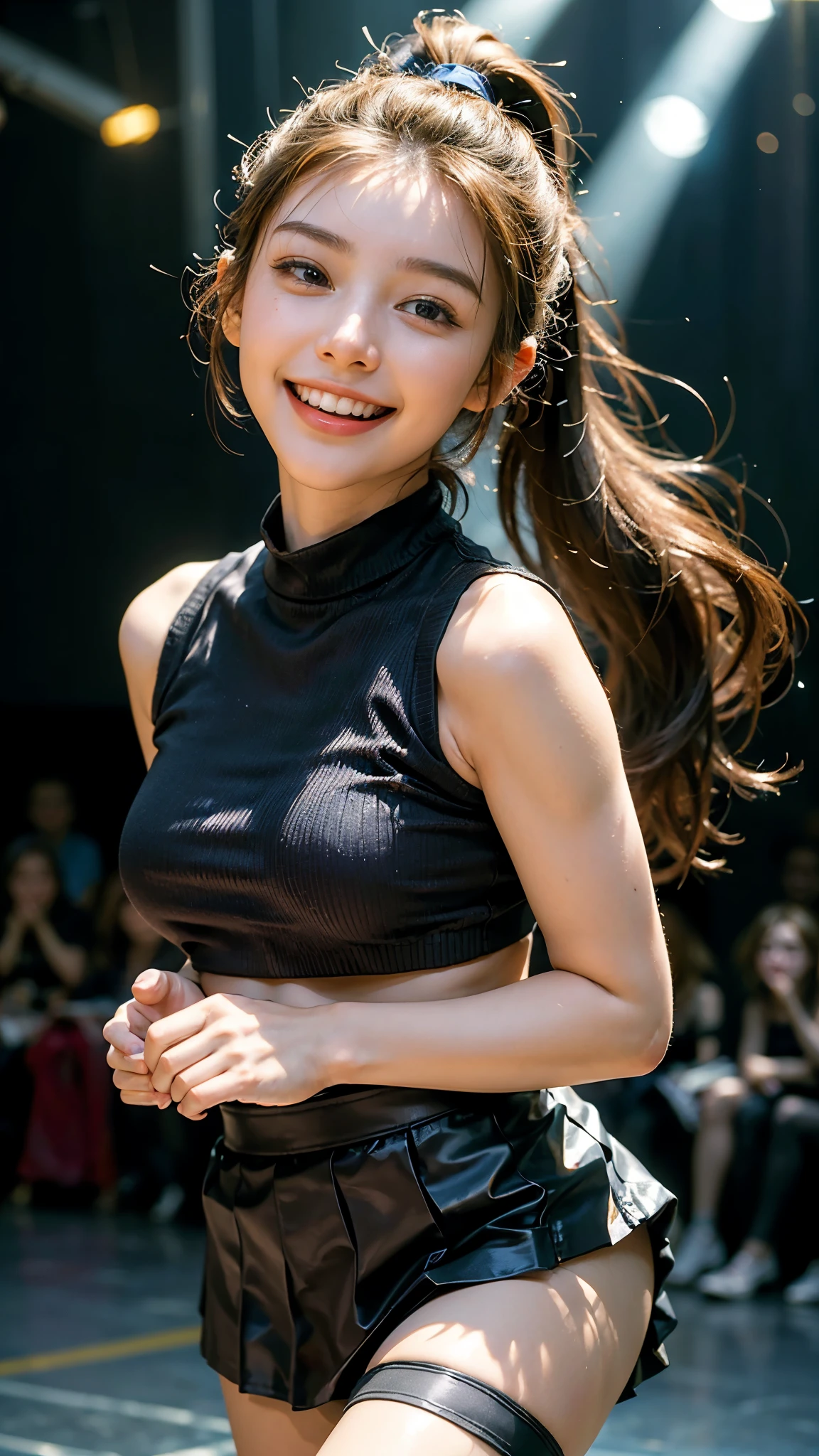 highest quality, masterpiece, Ultra-high resolution,16k,(((Face Focus:1.6))) (Realistic:1.6),((Portrait of a smiling person with their mouth wide open)) , RAW Photos, 1 girl, 22 years old,((Tight mini skirt)),Garter tights,((Ponytail and hair tie)),,((Looking up at the audience)),Realistic,((background)), Image Media Chest)),((Smiling with teeth showing)),