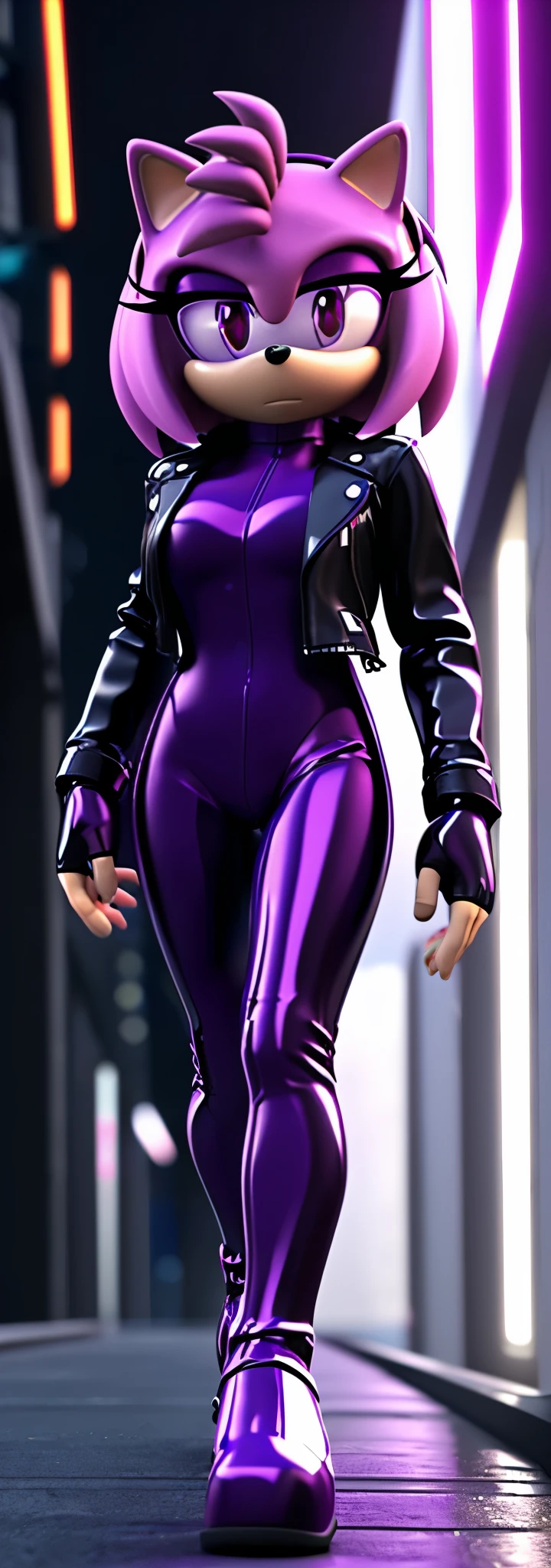 Solo, 1girl, full body image, rendered in SFM, ((sonic oc:1)), from sonic, high detail iconic character, in the new action-movie sonic, cyberpunk city, official render, 3d render official art, toon shader, ((female)), (((purple hedgehog:1))), ((shiny)) (purple fur:1.0), (((Amy rose style quills))), (((metallic purple eyeliner))) ((deep purple eyes:1.5)), ((calm neutral expression)), ray trace 4 k, ray trace 4k, (((metallic purple latex bodysuit))), (((leather jacket))), ((fingerless gloves:0.9))