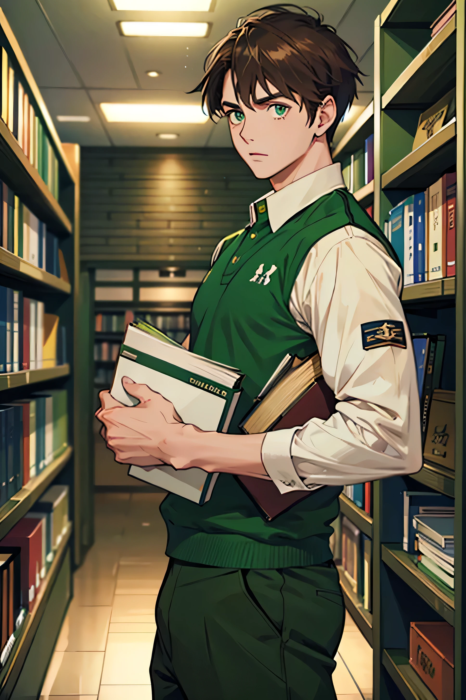 A male brown hair with green eyes student wearing a UA uniform from my hero academia inside the library of UA highschool. He is very cute, the library is full of students.