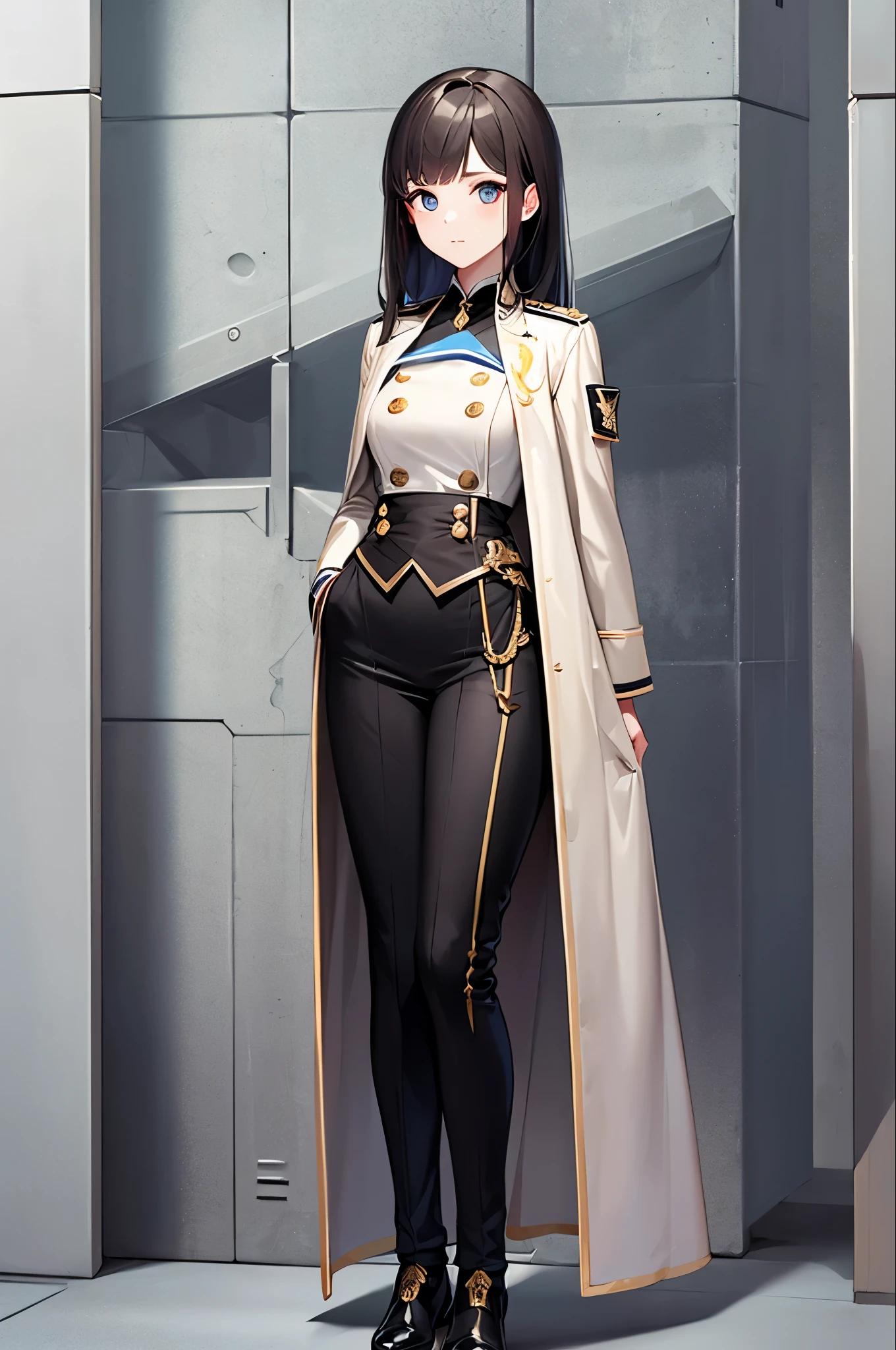 highest quality, Full body portrait, Delicate face, Beautiful Face, Big eyes: 1.1, compensate: 1.2, 25-year-old female, The body is slim, Small Bust, OL Uniform, Women's White Collar Uniform, Office Uniforms, Black Stockings, Outdoor Scene, Are standing, Long Hair,