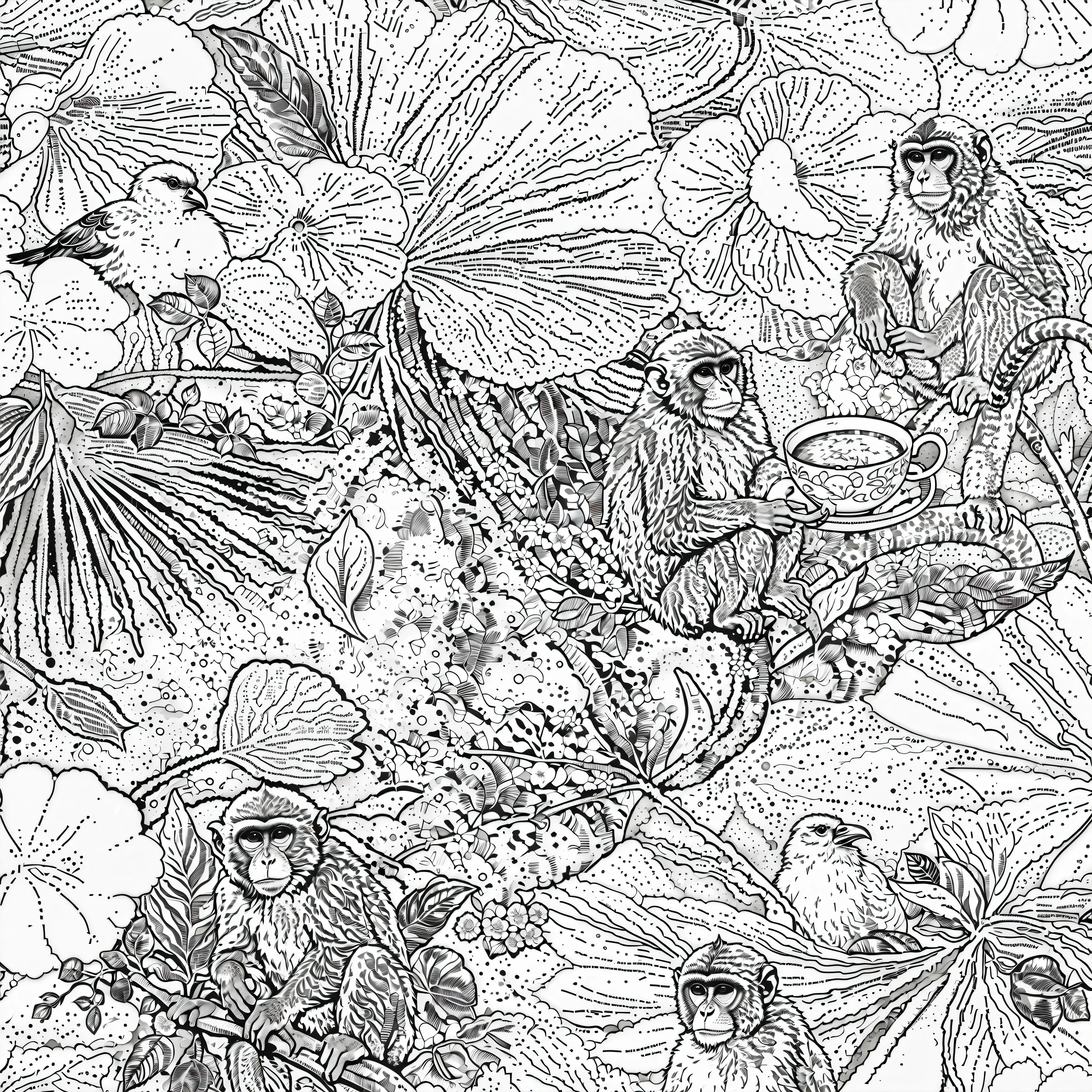 there are many monkeys sitting on the flowers, line - art, black and whitehighly detailed, engraving illustration, black and white detailed sketch, highly detailed linework, black and white engraving, sketch black and white colors, highly detailed drawing, botanic foliage, botanical background, extremely detailed linework, black on white line art, black and white line art, a flock of beautiful monkeys sitting on colorful flowers and coffee cups, black and white line art, highly detailed engraving illustration, victorian style, intricate detailed sketch, chiaroscuro lighting, photorealistic, (best quality,4k,8k,highres,masterpiece:1.2),ultra-detailed,(realistic,photorealistic,photo-realistic:1.37)