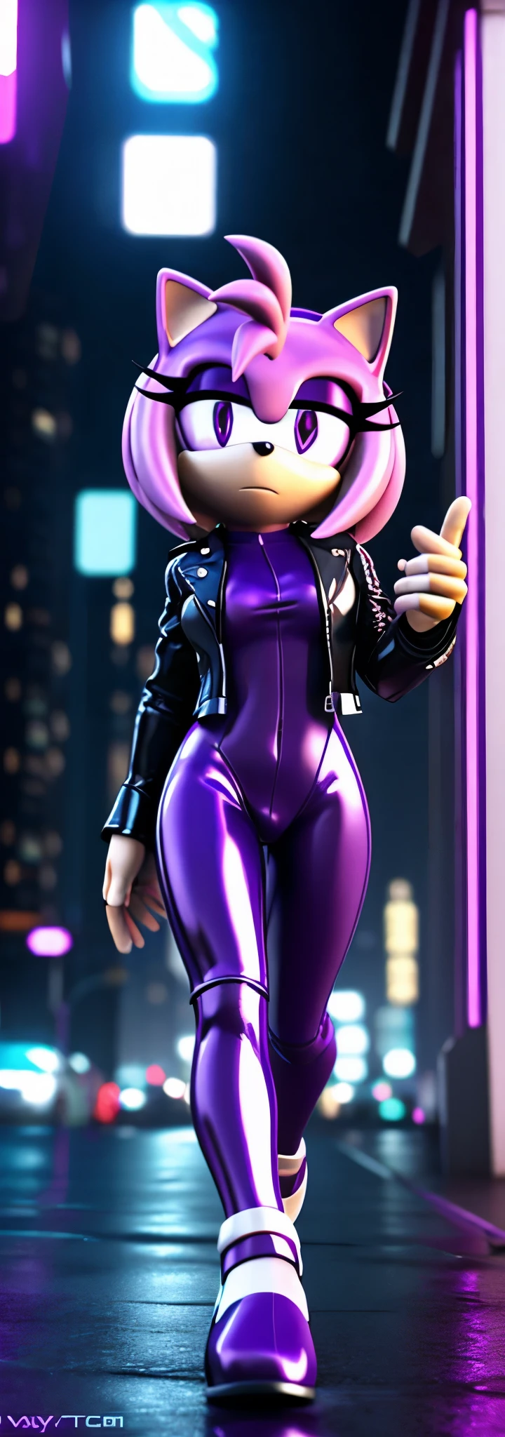 Solo, 1girl, full body image, rendered in SFM, ((sonic oc:1)), from sonic, high detail iconic character, in the new action-movie sonic, cyberpunk city, official render, 3d render official art, toon shader, ((female)), (((purple hedgehog:1))), ((shiny)) (purple fur:1.0), (((Amy rose style quills))), (((metallic purple eyeliner))) ((deep purple eyes:1.5)), ((calm neutral expression)), ray trace 4 k, ray trace 4k, (((metallic purple latex bodysuit))), (((leather jacket))), ((fingerless gloves:0.9))
