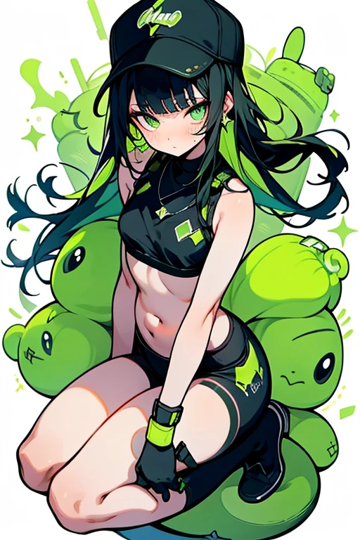 Saori_greenarchive, bedazzling eye, exposed Stomach, 露出したbelly button, Naked tummy, length_hair, 前hair, green_eye, black_hair, Hello, have, chest, baseball_cap, Sleeveless, green_hair, black_Have, belly button, Stomach, big_chest, Sparkling, Starlight、white background, full body