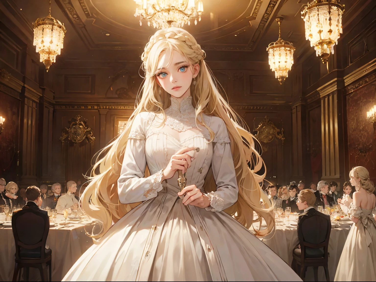masterpiece, best quality, Practical, (absurd, High resolution, Super detailed), beautiful aristocratic man of victorian era, Europe in the 18th century, light blonde,Exquisite braid hairstyle, curls, elegant ballroom dress, Standing in the luxurious banquet hall, Delicate and meticulous, 8K, Reality, Dramatic Lighting, high quality, Complex design, classical portrait, , enlarged texture, Exquisite eyes and face details, Perfect eyes, matching eyes