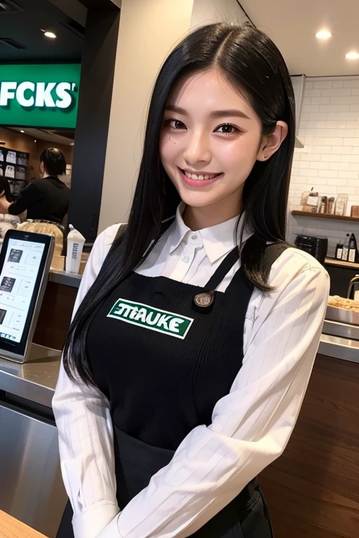 Black Hair sleek long hair 22 years old double double teeth mischievous smile Wise eyes big ears refreshing Natural Makeup Ultra-realistic Starbucks ribbed knit and apron skinny pants Mole Starbucks Employee she'Brewing coffee stylish Height 160cm three size: 92.57.79
