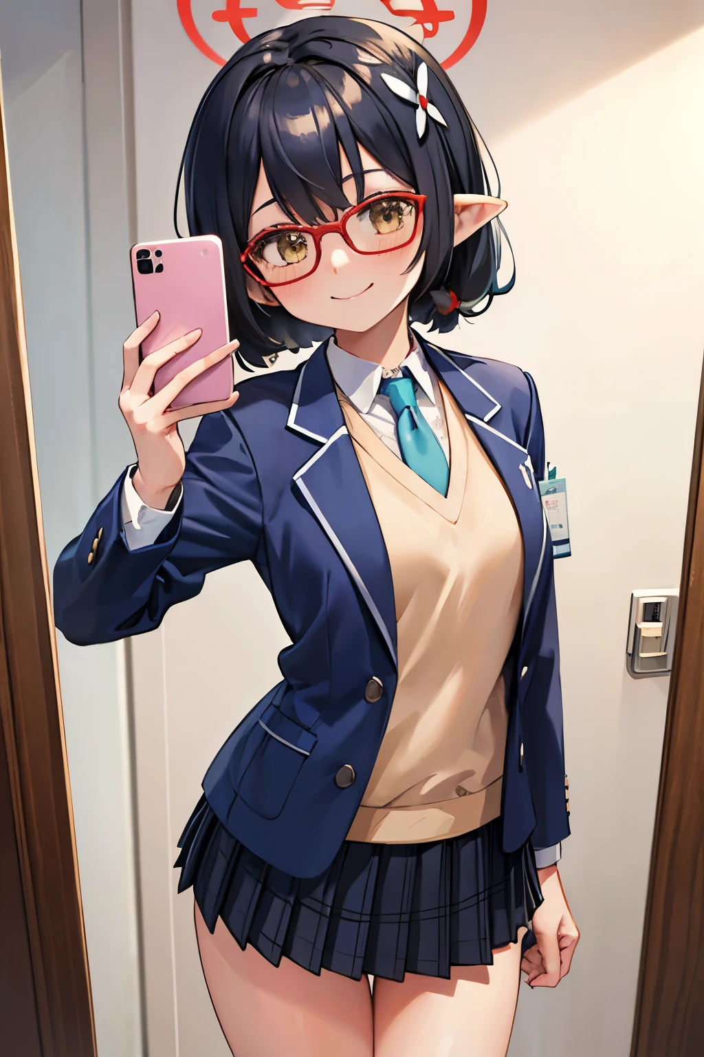 masterpiece, best quality, ultra-detailed, 1girl, ayane, blue jacket, blazer, white shirt, pleated skirt, halo, indoor, standing, selfie, mirror selfie, mirror, smile, posing, iPhone 