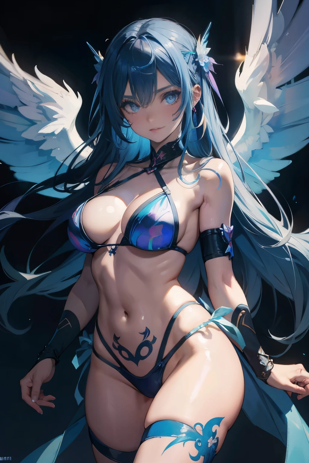 absurd, super detailed, uv body tattoos, neon lines, watercolor, beautiful girl, makeup, one wing of angel, armband, long inner light blue cape on shoulder, skull, micro bikini, burning, cool woman with attractive and high spirited personality, hand on waist, dark fantasy