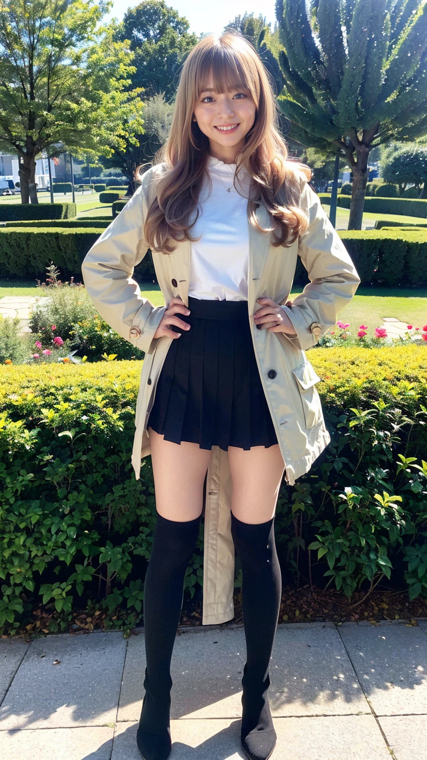 (8k、RAW Photos、highest quality、masterpiece:1.2)、(Realistic、Realistic)、1 girl、((coat、Blonde、smile、Black Mini Skirt、Knee socks、、Big Breasts、boots、whole body、garden、View from the front、Looking into the camera、Standing with hands on hips))、